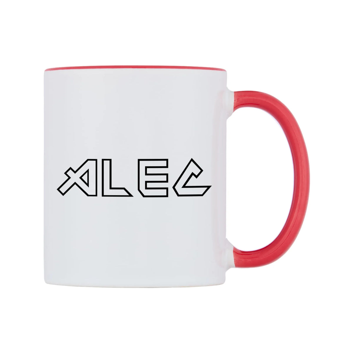 Alec - Iron Maiden Themed Mug — white 11oz gloss mug with a red inside and handle, left side, on a white background