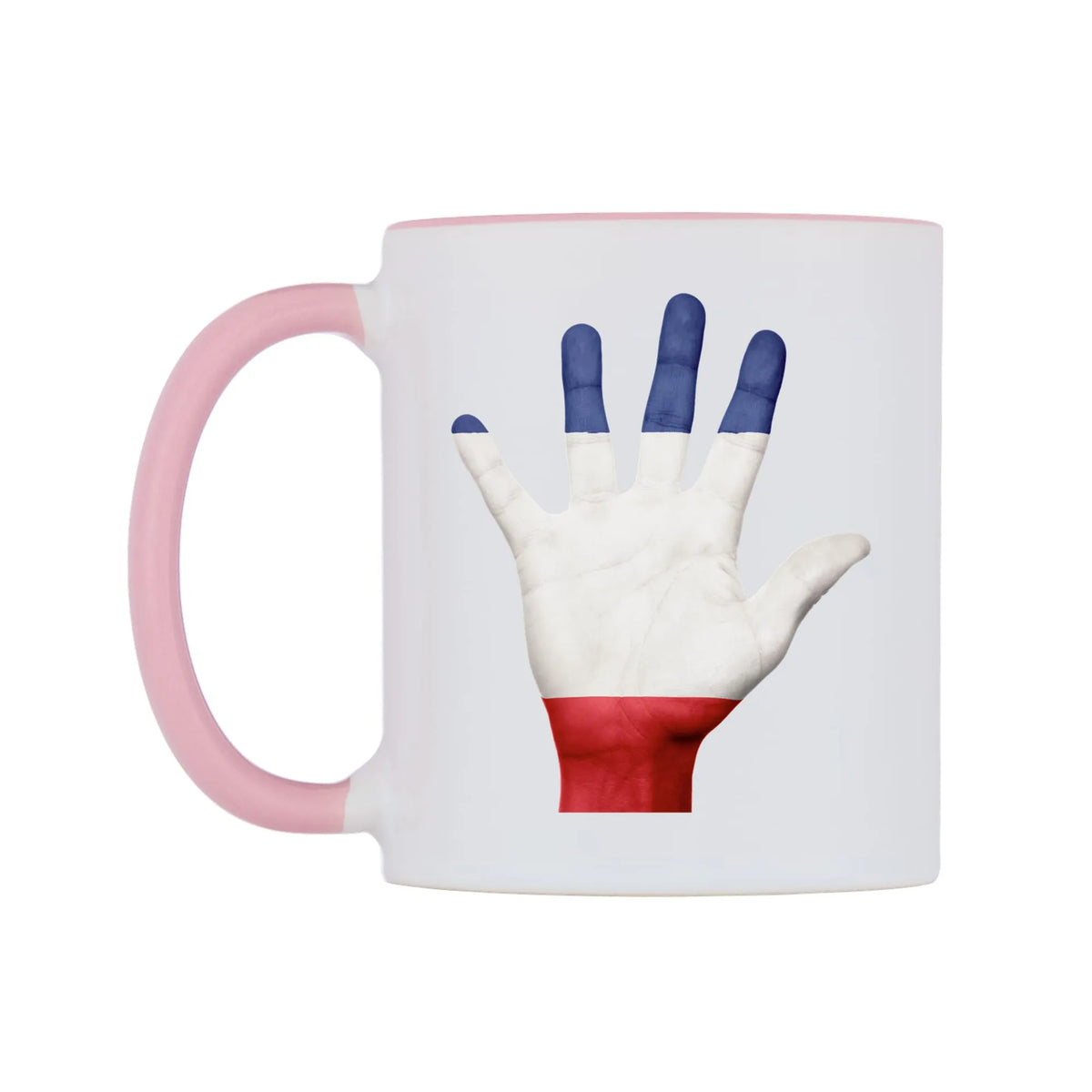 France Hand Flag Mug — white 11oz gloss mug with a pink inside and handle, right side, on a white background