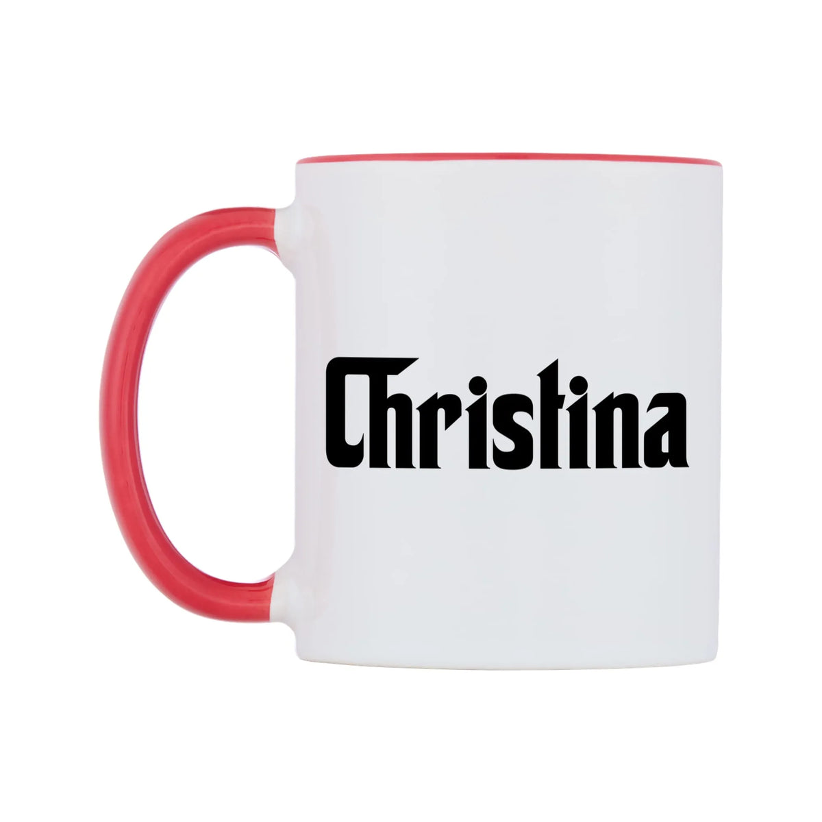 Christina - Godfather Themed Mug — white 11oz gloss mug with a red inside and handle, right side, on a white background