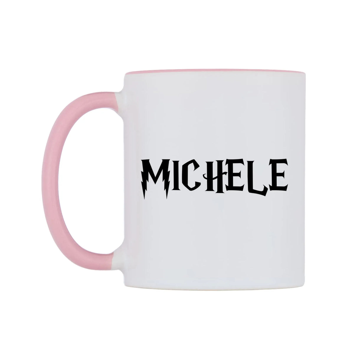 Michele - Wizard Themed Mug — white 11oz gloss mug with a pink inside and handle, right side, on a white background