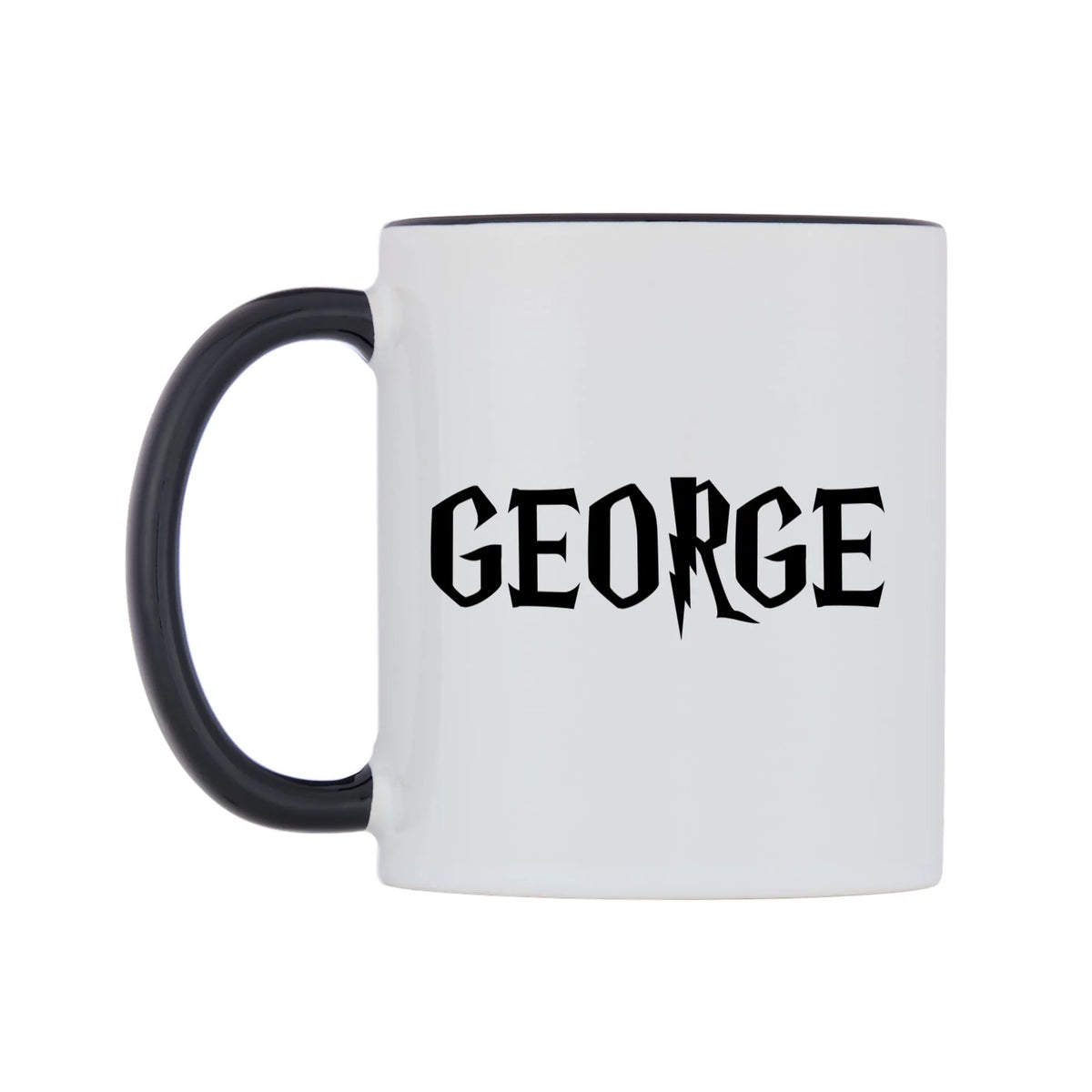 George - Wizard Themed Mug — white 11oz gloss mug with a black inside and handle, right side, on a white background
