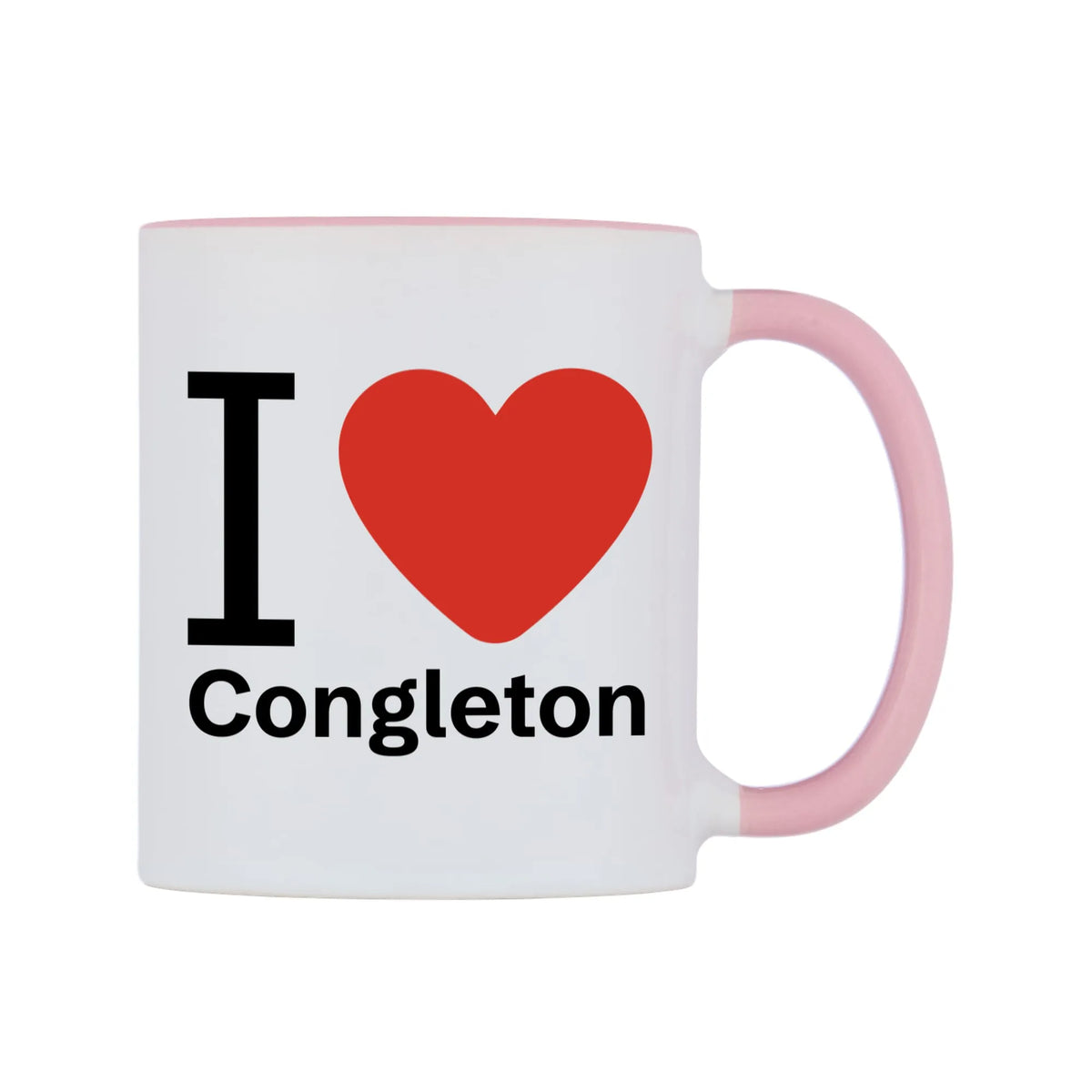 I Love Congleton Mug — white 11oz gloss mug with a pink inside and handle, left side, on a white background
