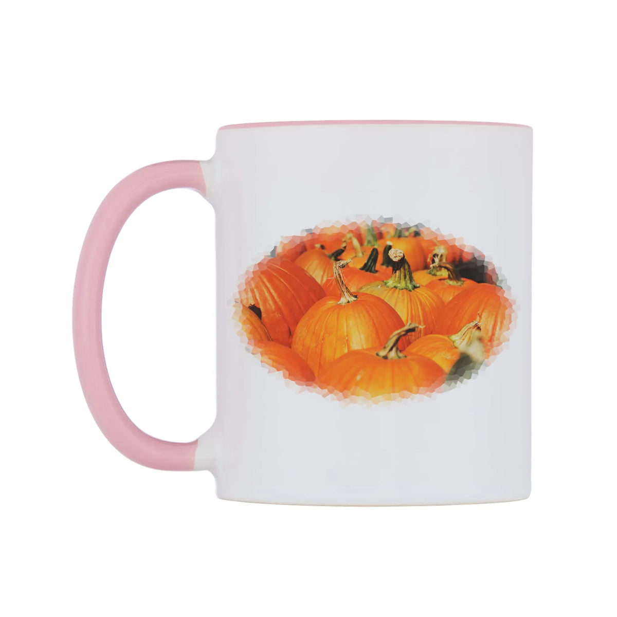 Pumpkins Field Mug — white 11oz gloss mug with a pink inside and handle, right side, on a white background