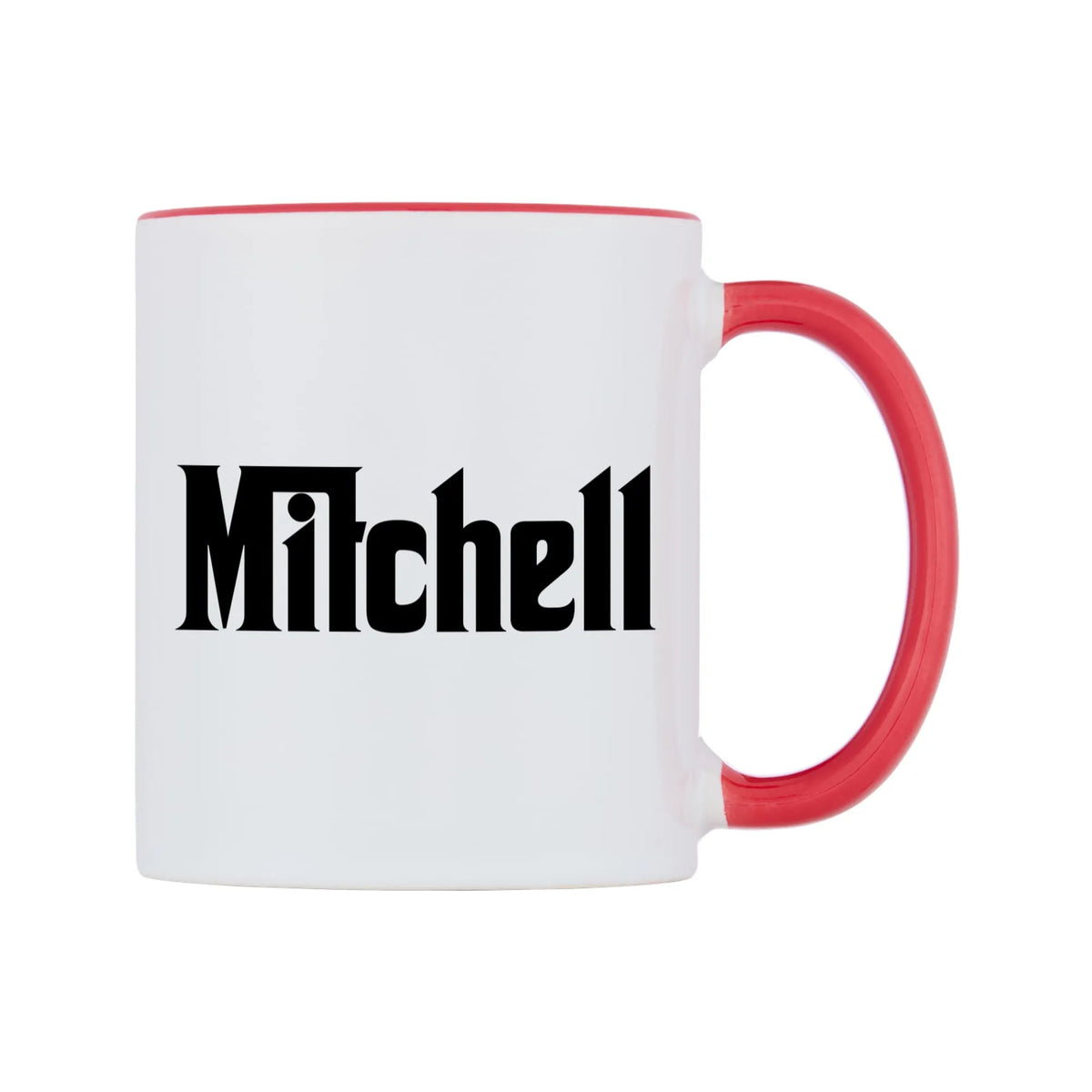 Mitchell - Godfather Themed Mug — white 11oz gloss mug with a red inside and handle, left side, on a white background