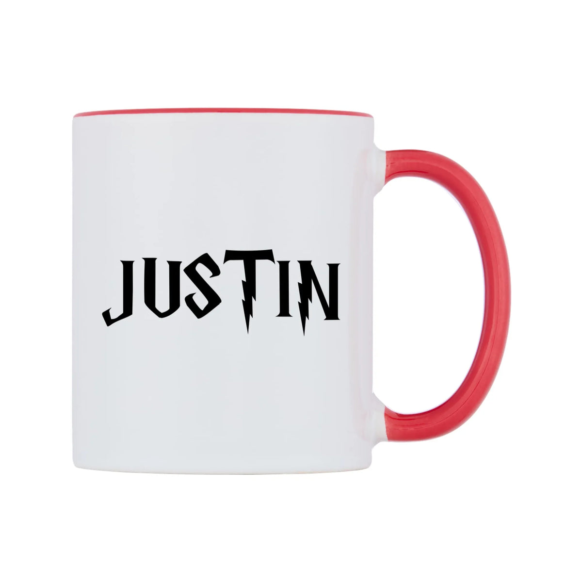 Justin - Wizard Themed Mug — white 11oz gloss mug with a red inside and handle, left side, on a white background