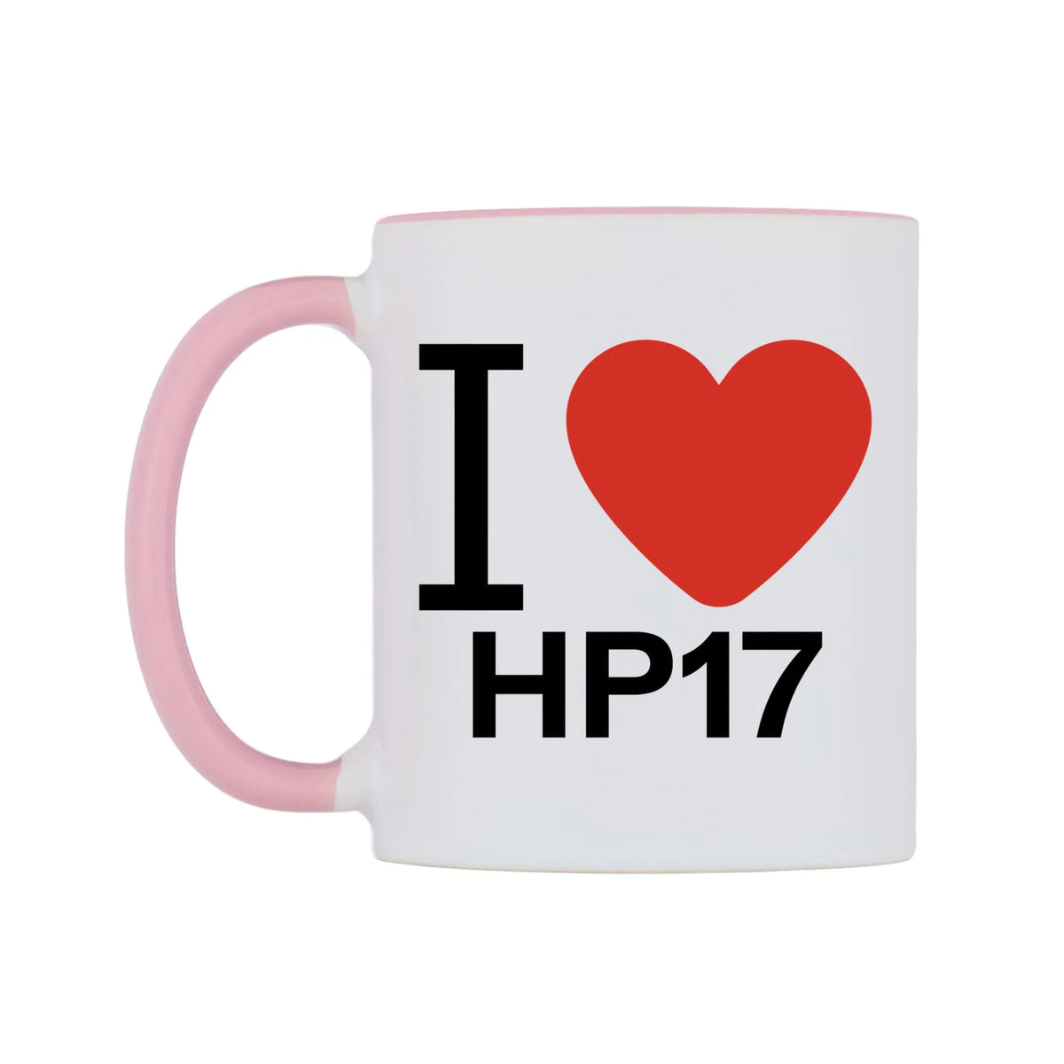 I Love HP17 Mug — white 11oz gloss mug with a pink inside and handle, right side, on a white background