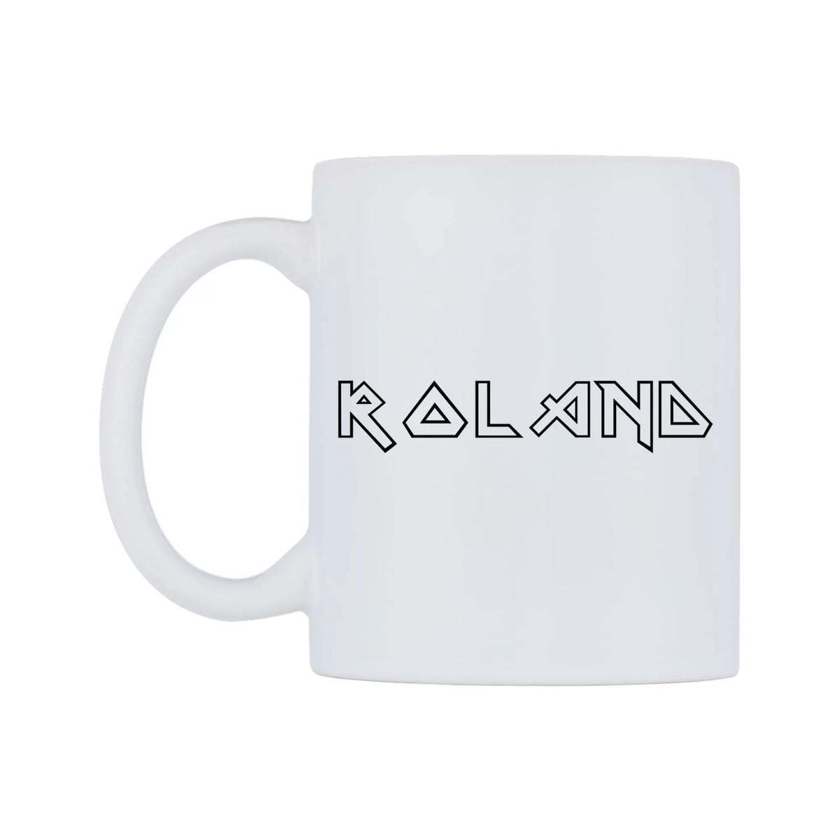 Roland - Iron Maiden Themed Mug — white 11oz gloss mug, right side, on a white background