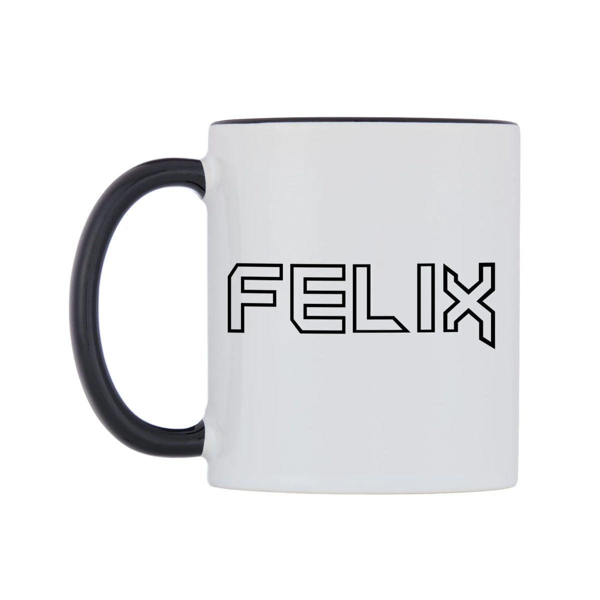 Felix - Iron Maiden Themed Mug — white 11oz gloss mug with a black inside and handle, right side, on a white background