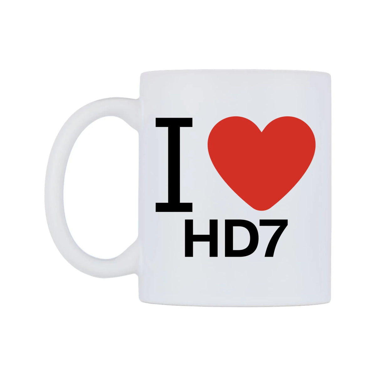 I Love HD7 Mug — white 11oz gloss mug, right side, on a white background