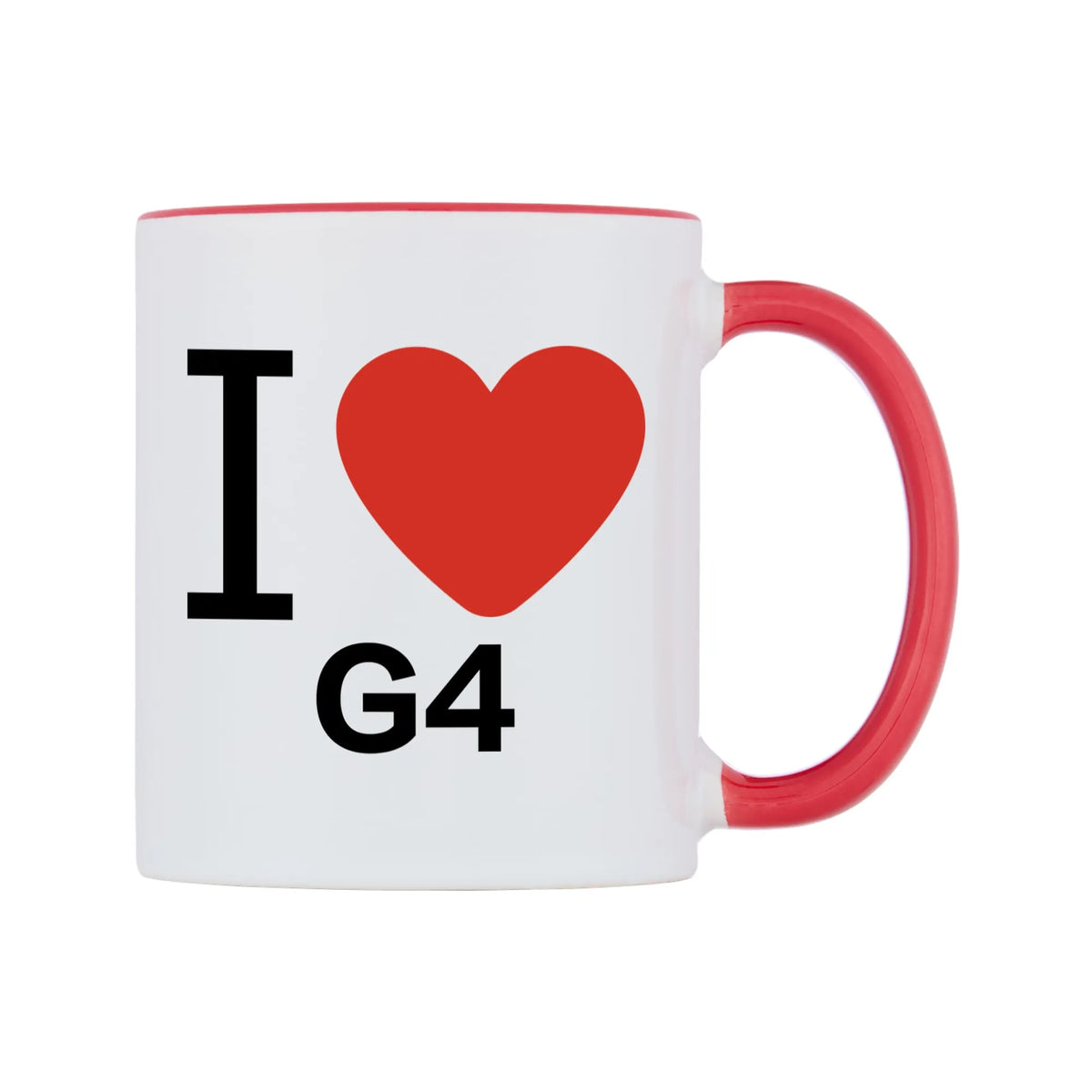I Love G4 Mug — white 11oz gloss mug with a red inside and handle, left side, on a white background
