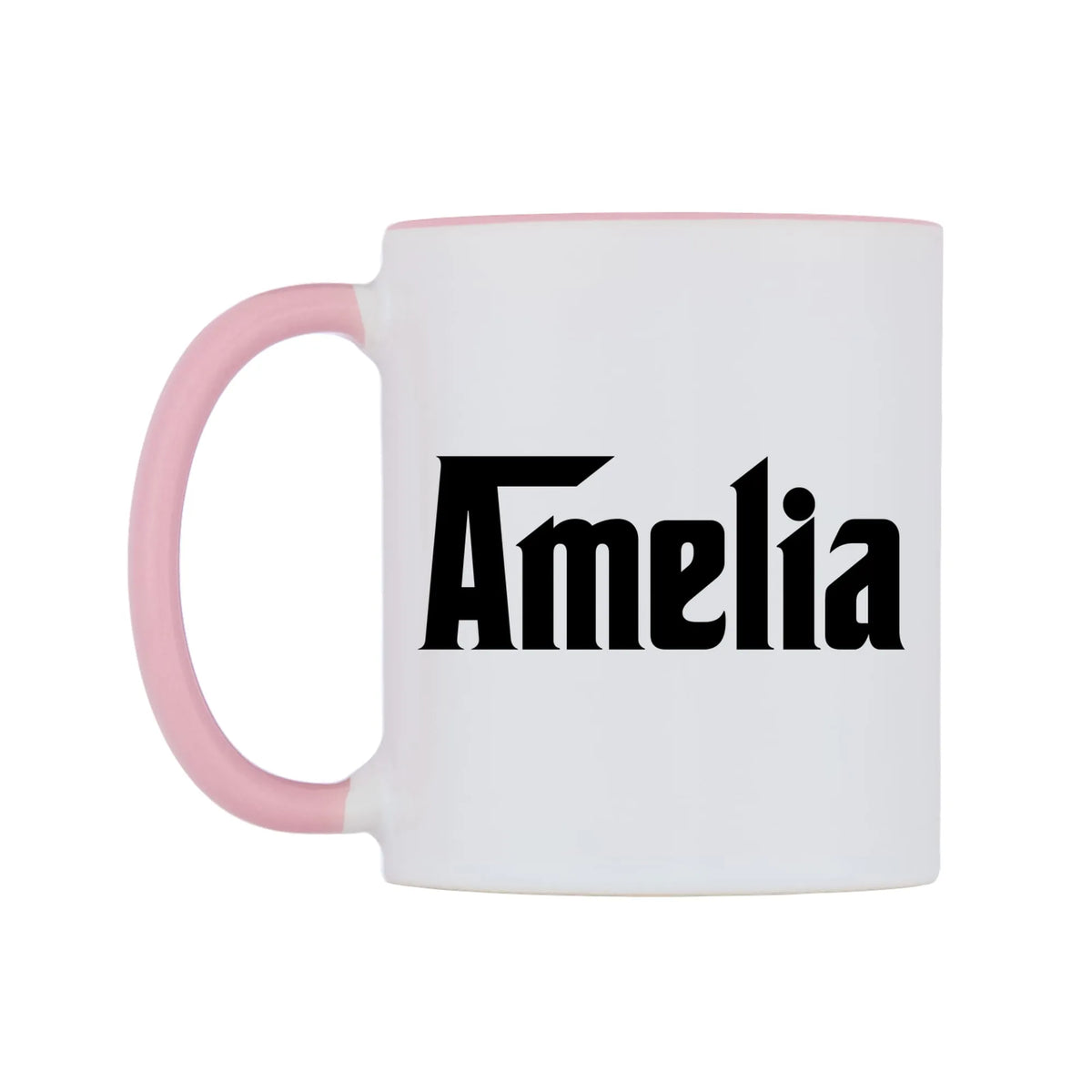 Amelia - Godfather Themed Mug — white 11oz gloss mug with a pink inside and handle, right side, on a white background
