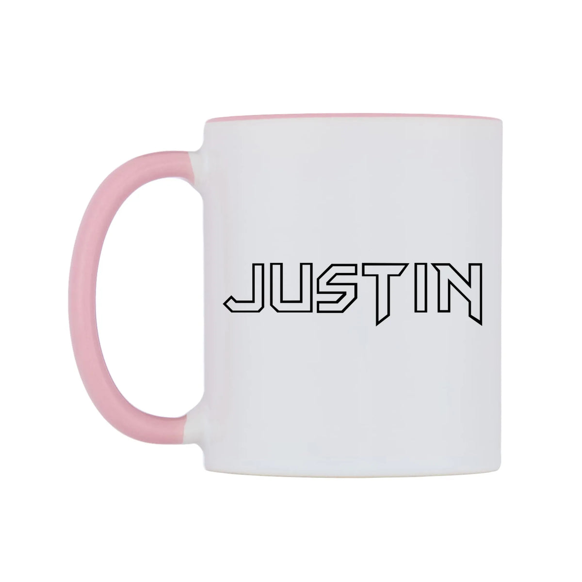 Justin - Iron Maiden Themed Mug — white 11oz gloss mug with a pink inside and handle, right side, on a white background