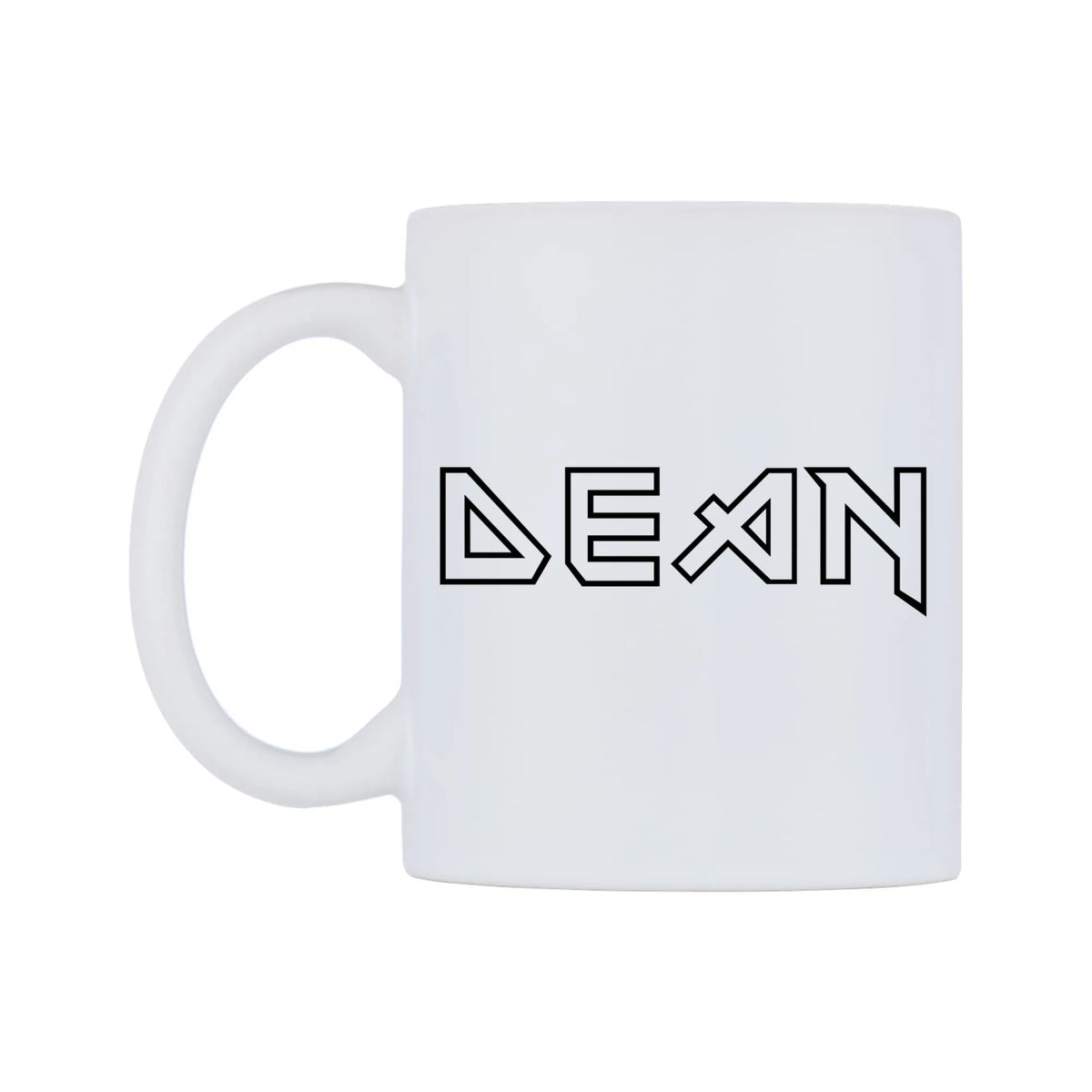 Dean - Iron Maiden Themed Mug — white 11oz gloss mug, right side, on a white background