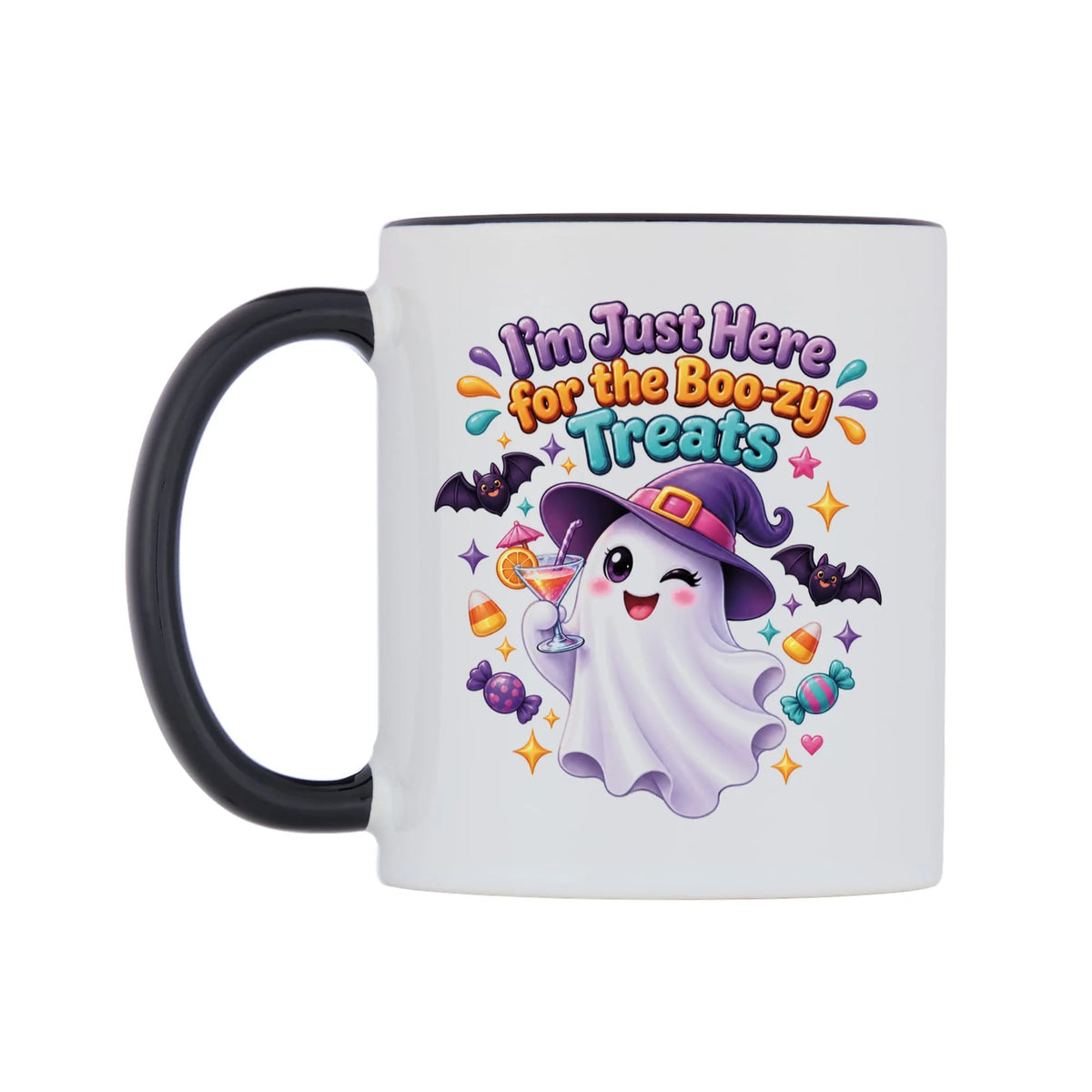I'm Just Here for the Boo-zy Treats Mug — white 11oz gloss mug with a black inside and handle, right side, on a white background