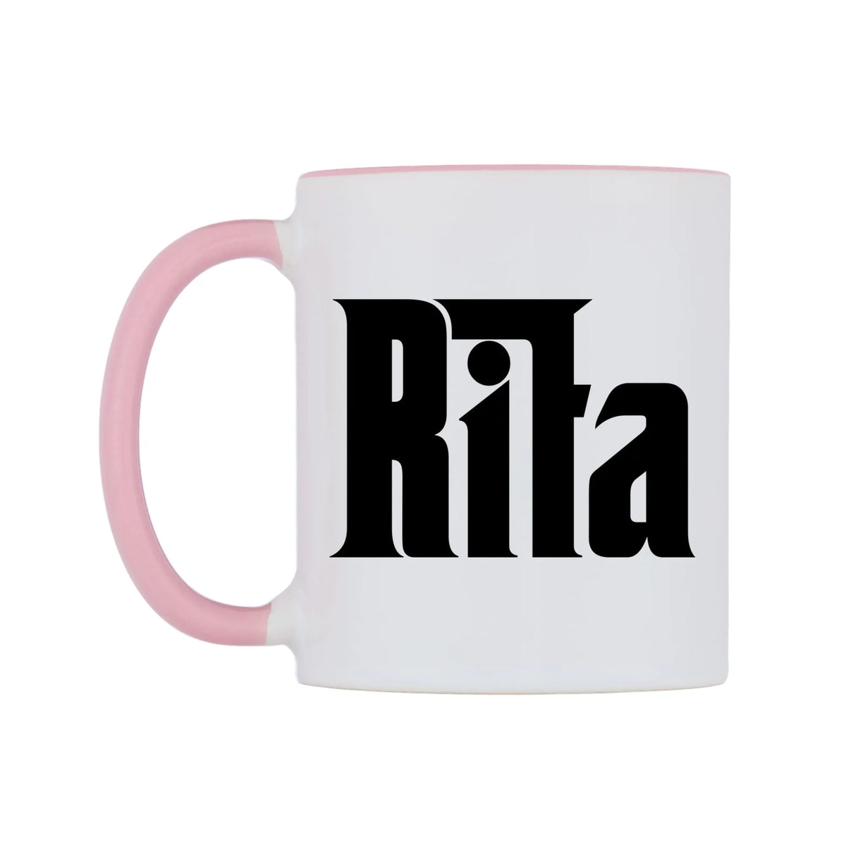 Rita - Godfather Themed Mug — white 11oz gloss mug with a pink inside and handle, right side, on a white background