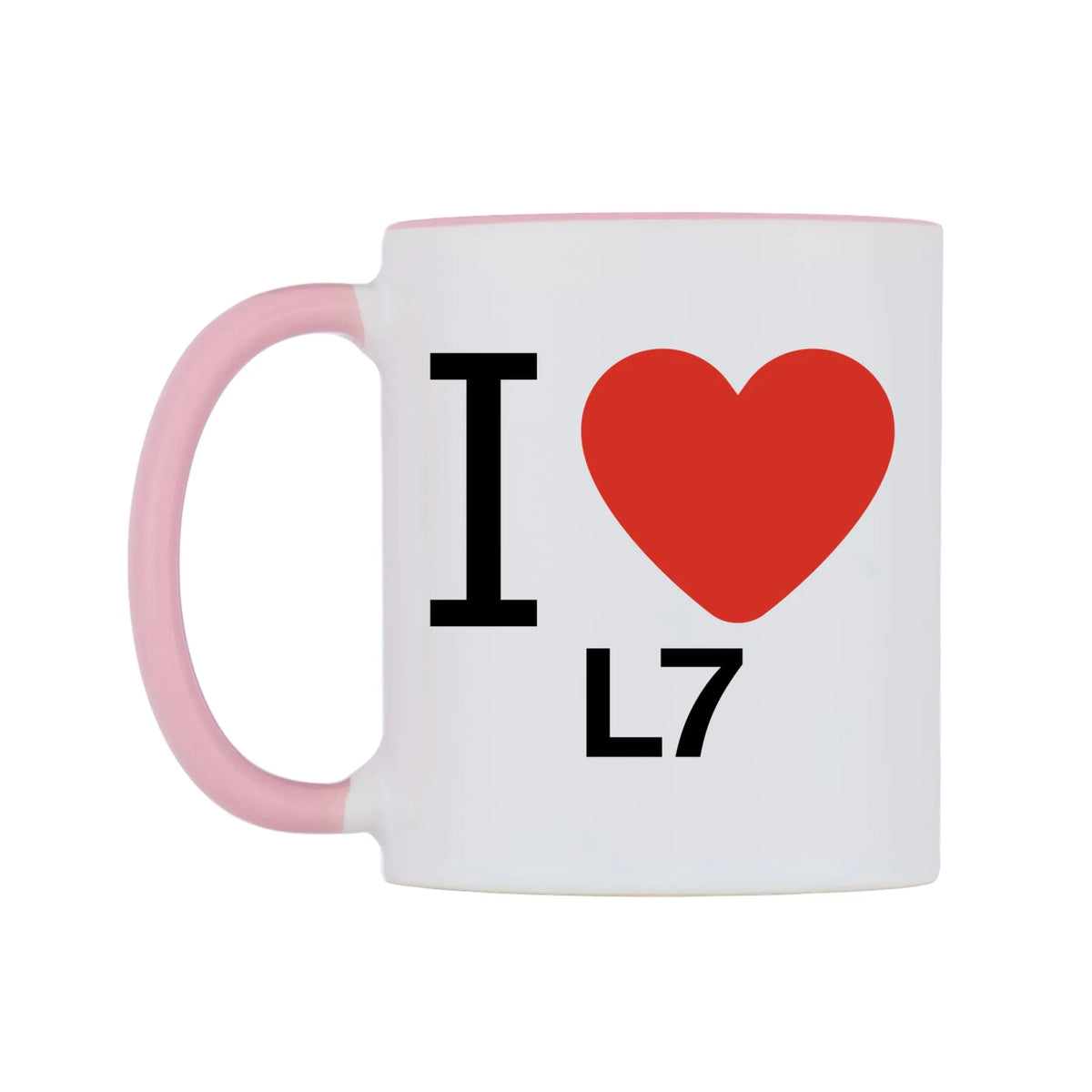 I Love L7 Mug — white 11oz gloss mug with a pink inside and handle, right side, on a white background