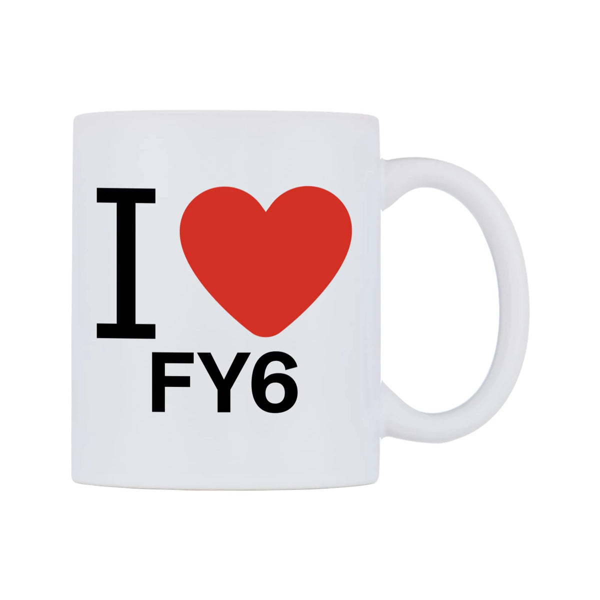 I Love FY6 Mug — white 11oz gloss mug, left side, on a white background