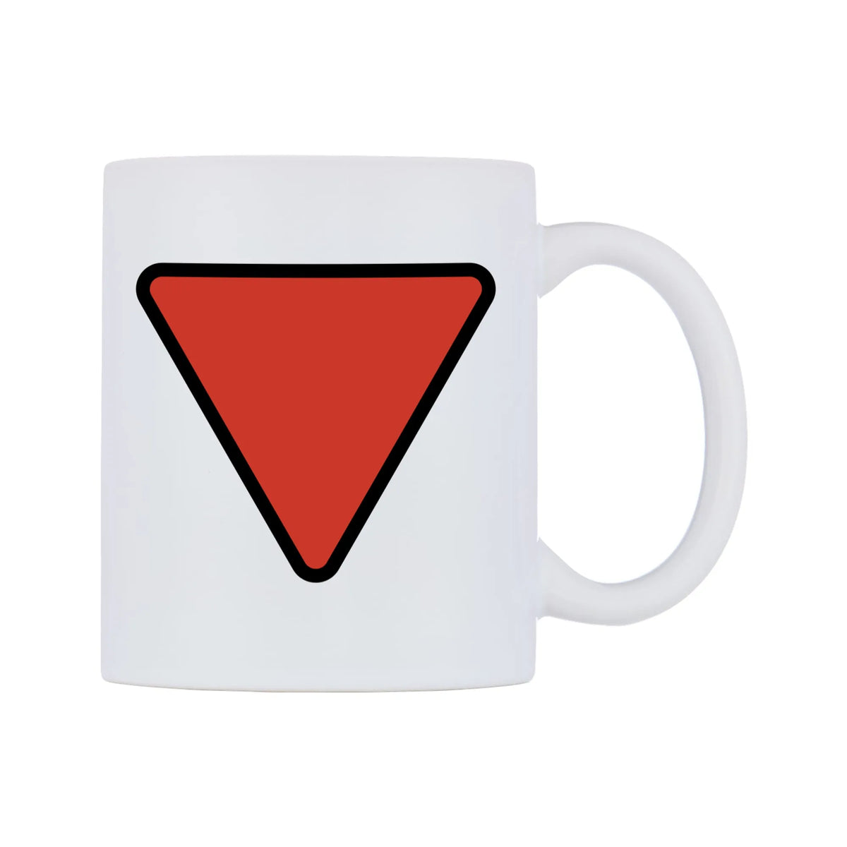 Red Triangle Pointed Down Emoji Mug — mug, left side, on a white background