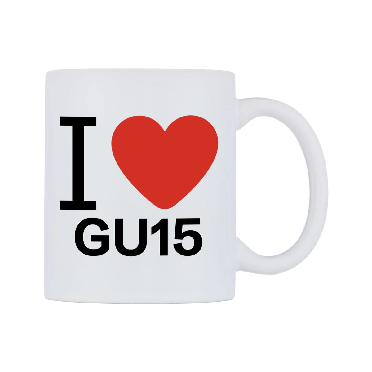 I Love GU15 Mug — white 11oz gloss mug, left side, on a white background