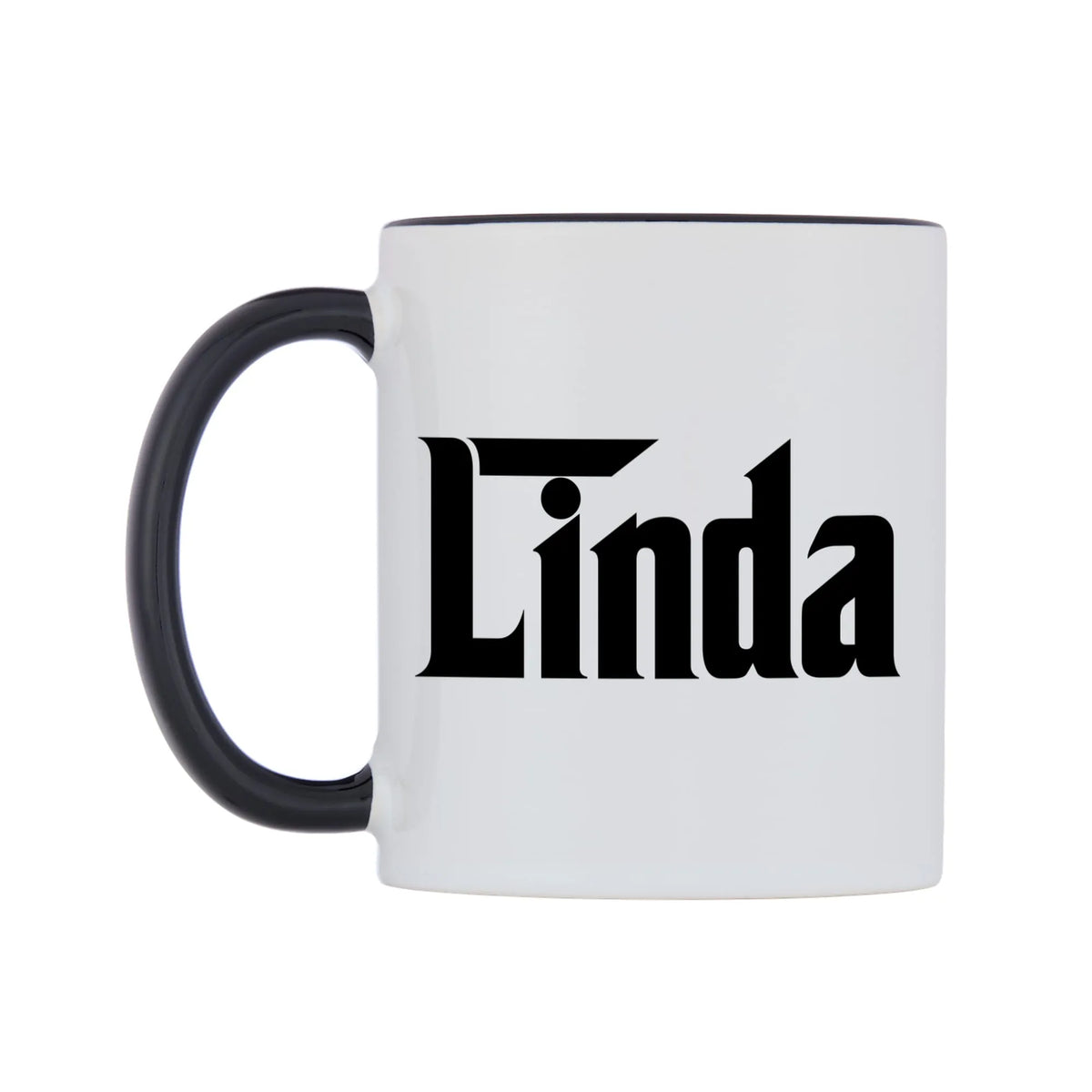 Linda - Godfather Themed Mug — white 11oz gloss mug with a black inside and handle, right side, on a white background
