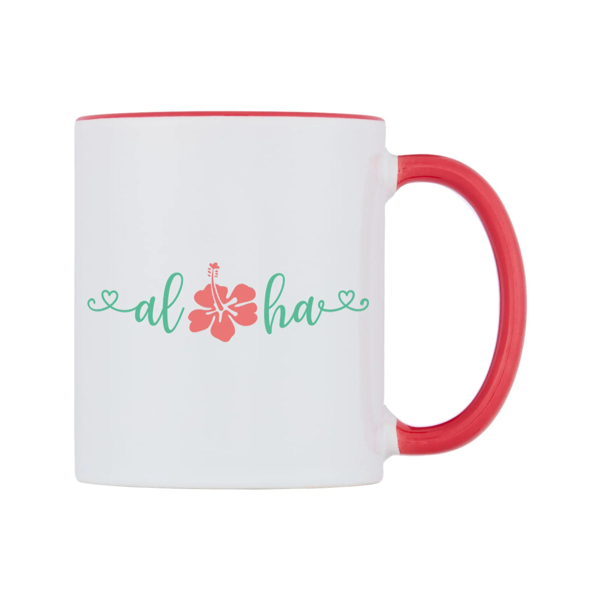 Aloha Mug — white 11oz gloss mug with a red inside and handle, left side, on a white background