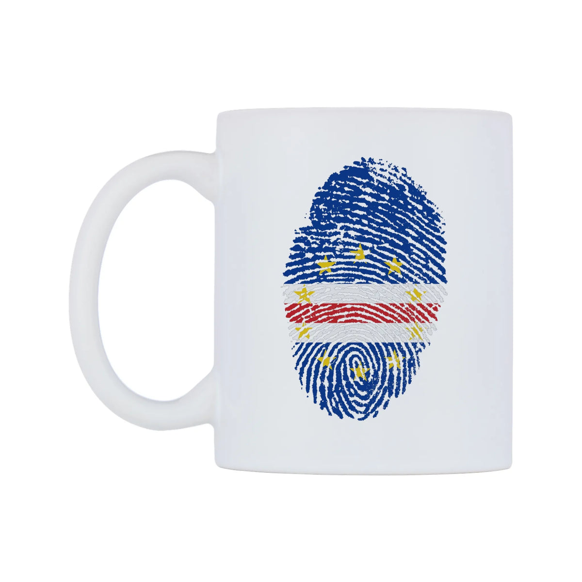 Cabo Verde Finger Print Flag Mug — white 11oz gloss mug, right side, on a white background