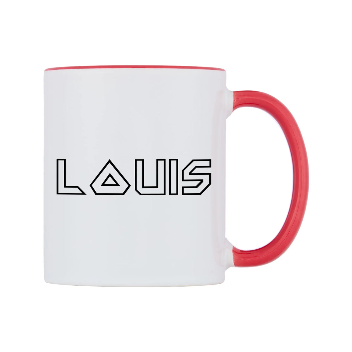 Louis - Iron Maiden Themed Mug — white 11oz gloss mug with a red inside and handle, left side, on a white background