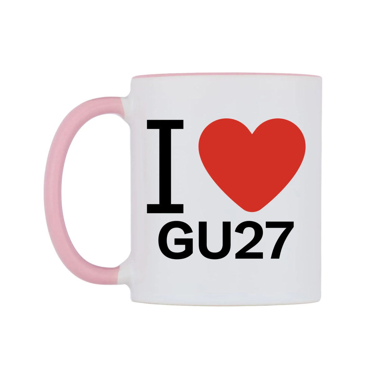 I Love GU27 Mug — white 11oz gloss mug with a pink inside and handle, right side, on a white background