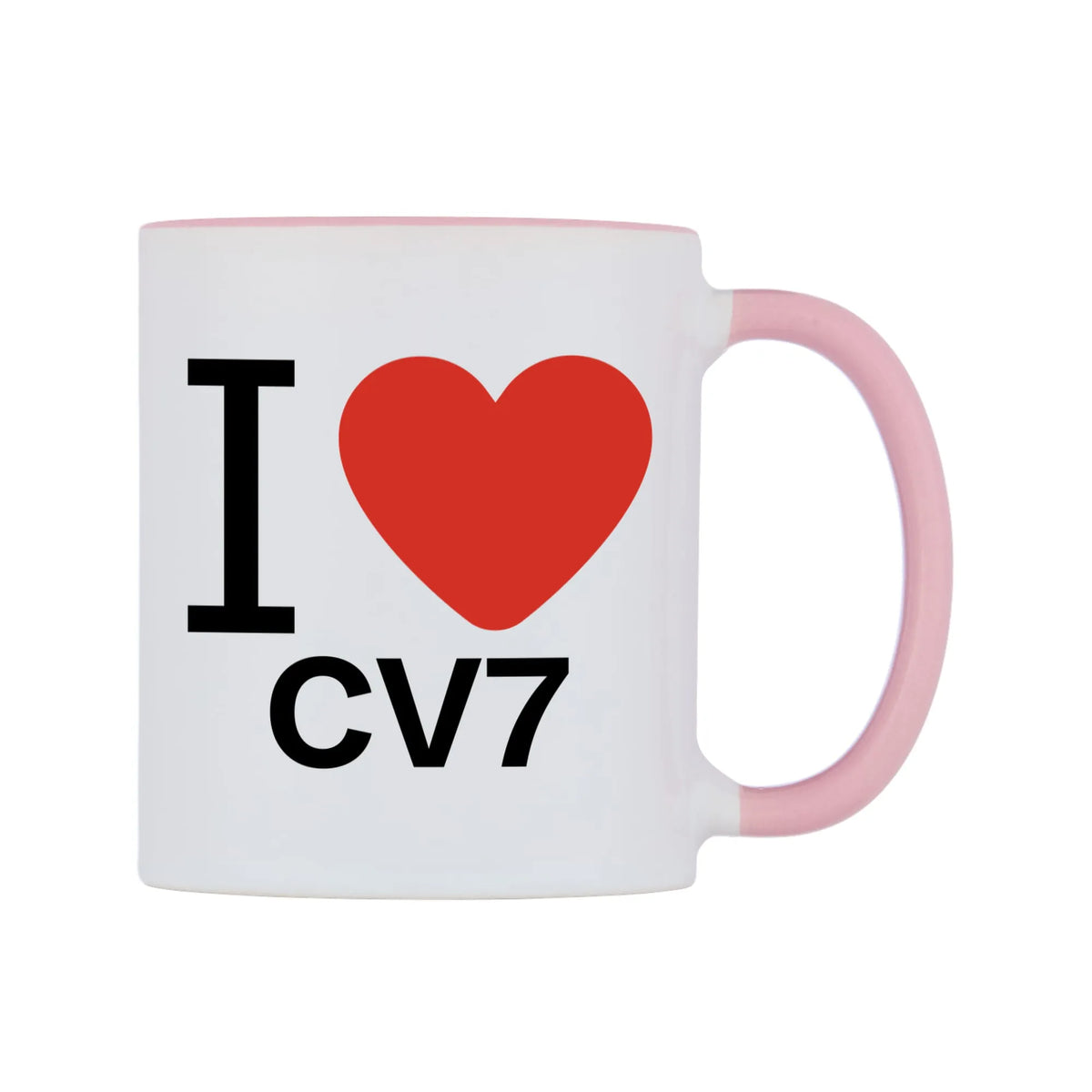 I Love CV7 Mug — white 11oz gloss mug with a pink inside and handle, left side, on a white background