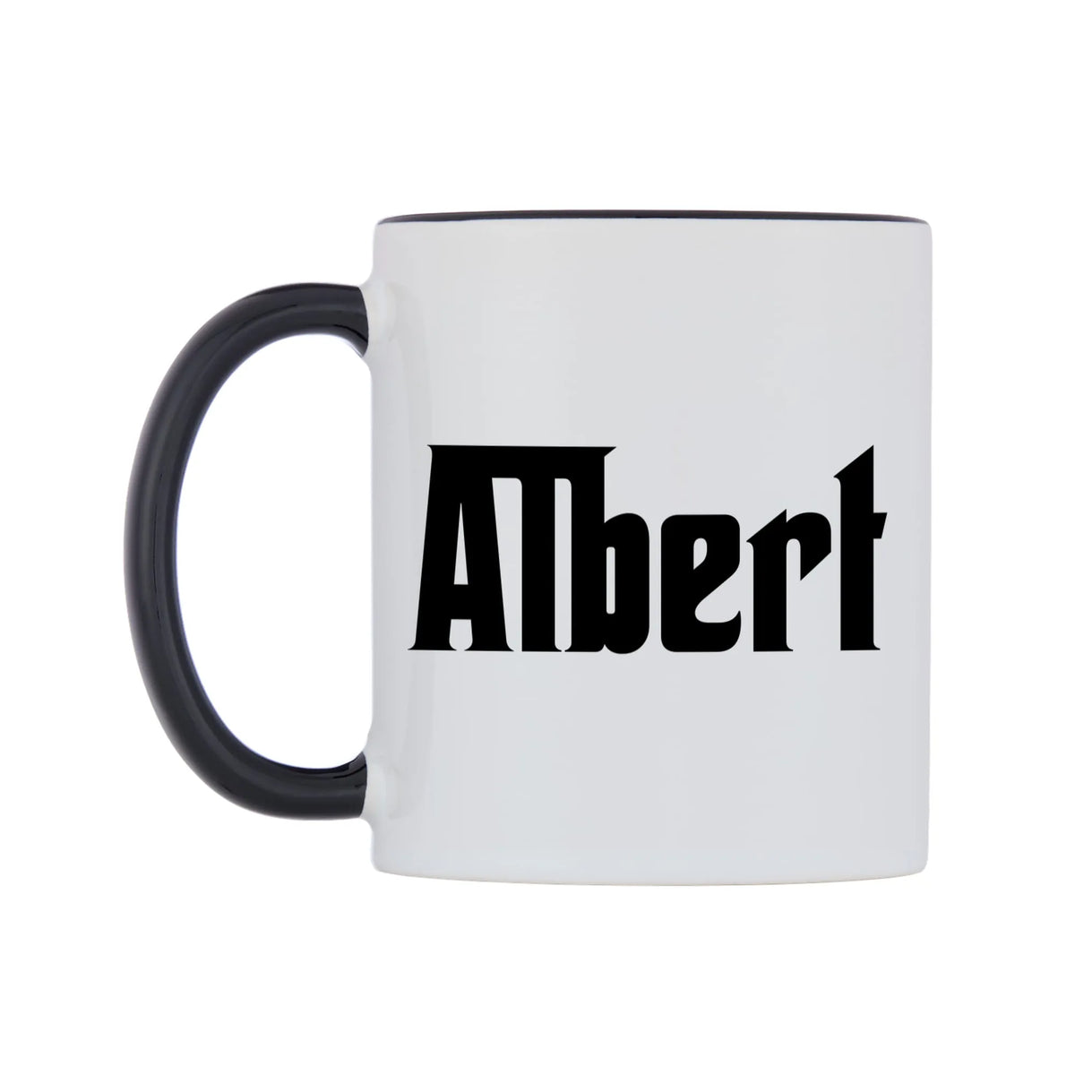 Albert - Godfather Themed Mug — white 11oz gloss mug with a black inside and handle, right side, on a white background