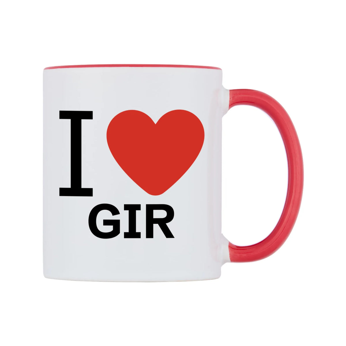 I Love GIR Mug — white 11oz gloss mug with a red inside and handle, left side, on a white background