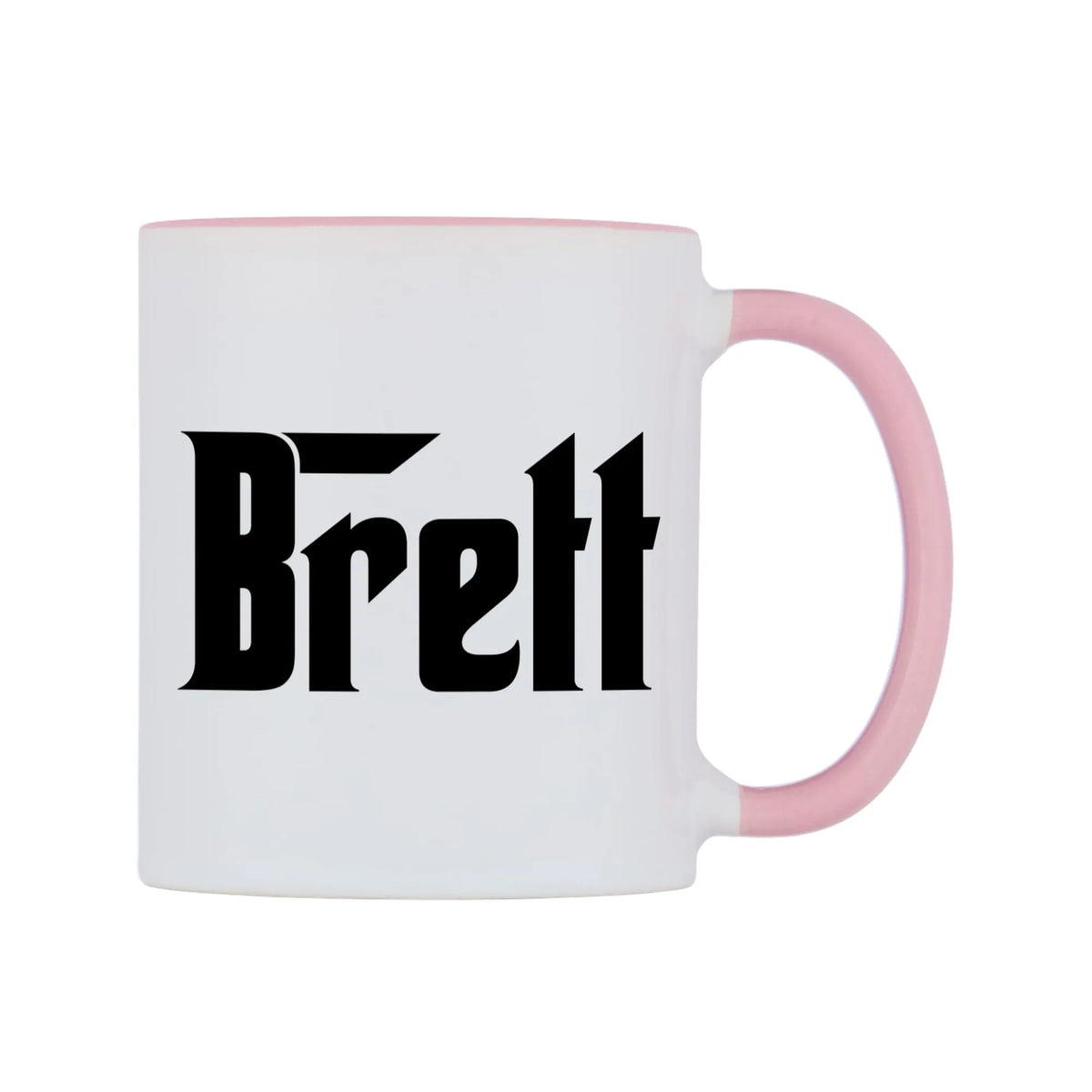 Brett - Godfather Themed Mug — white 11oz gloss mug with a pink inside and handle, left side, on a white background