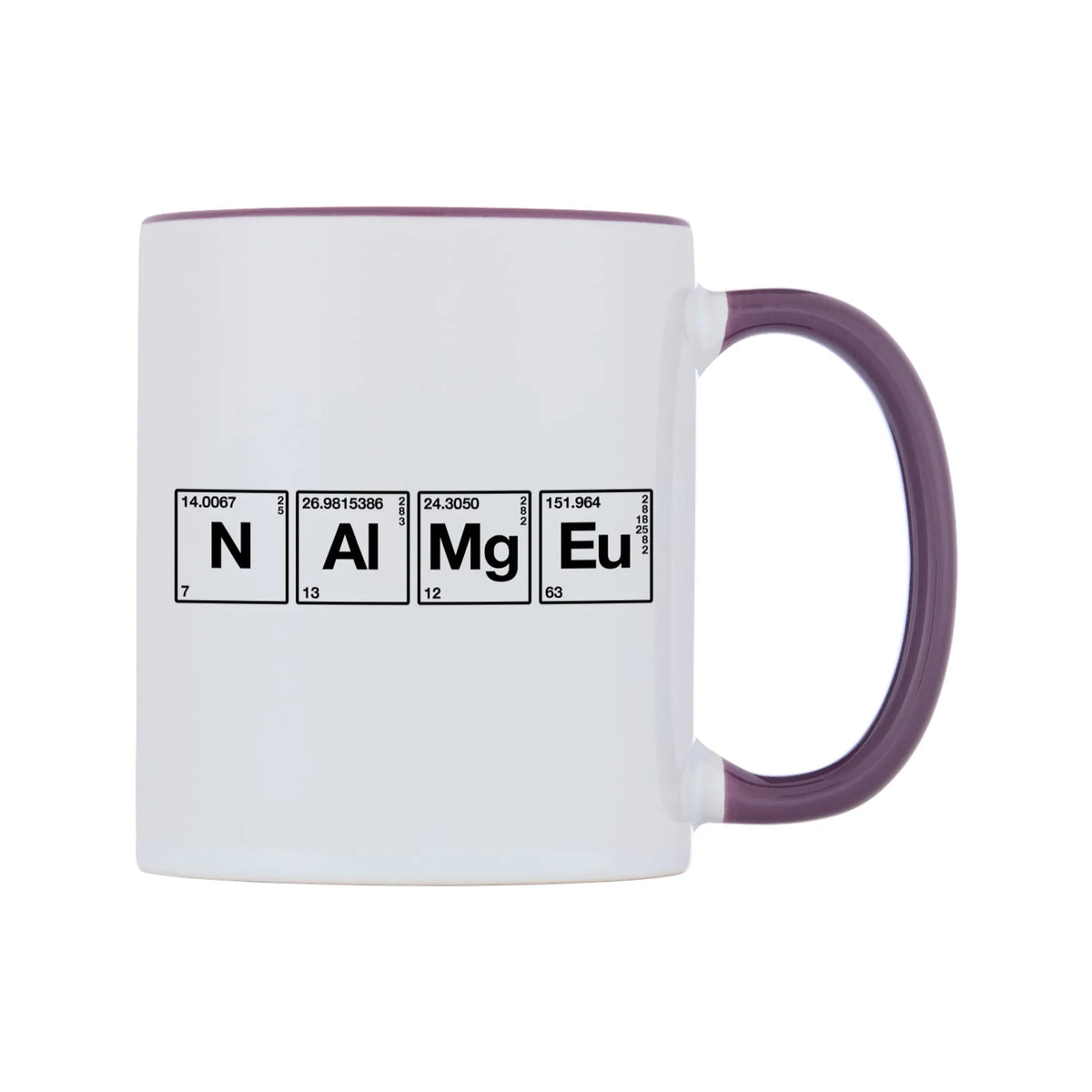 Chemistry Themed Personalised Mug — white 11oz gloss mug with a purple inside and handle, left side, on a white background