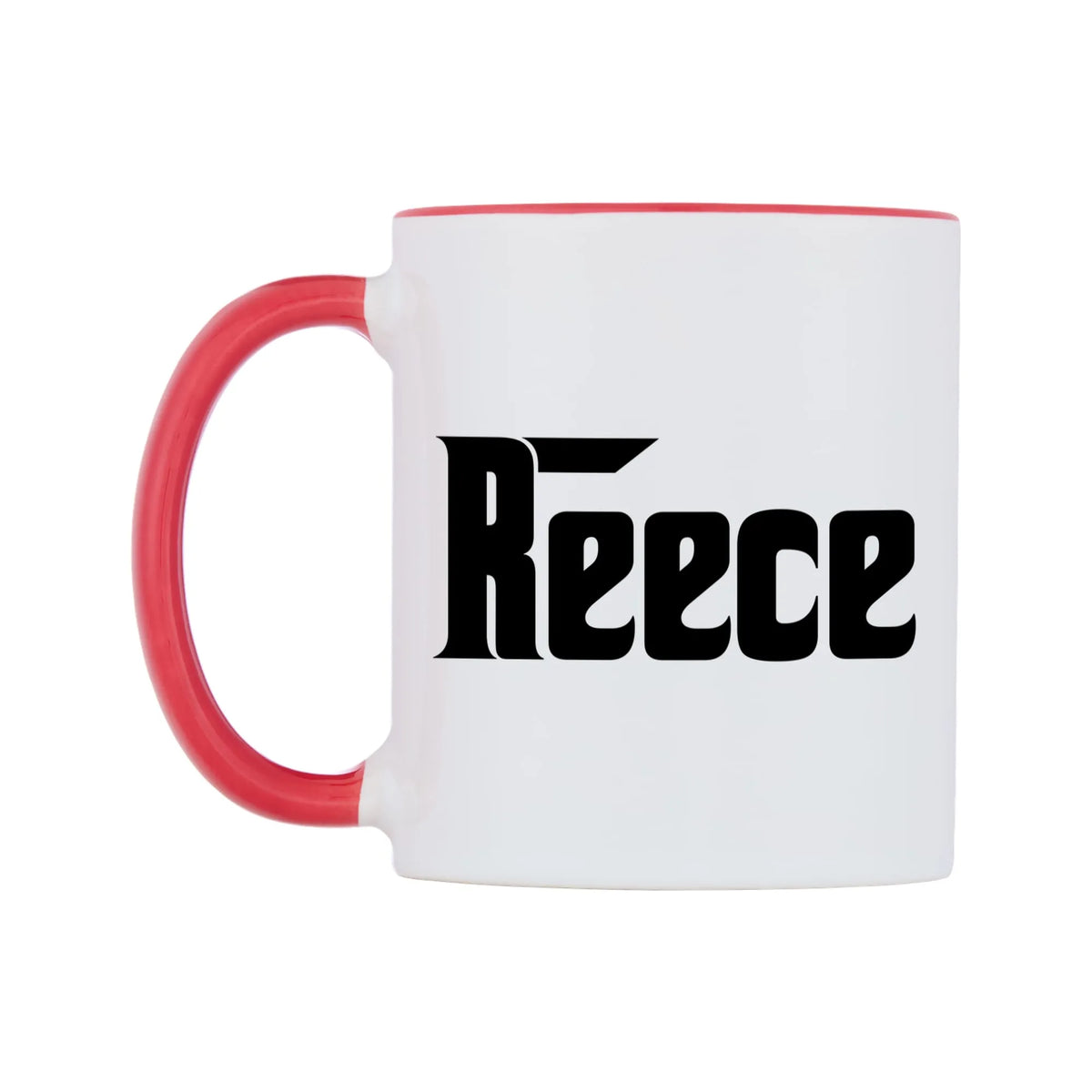 Reece - Godfather Themed Mug — white 11oz gloss mug with a red inside and handle, right side, on a white background