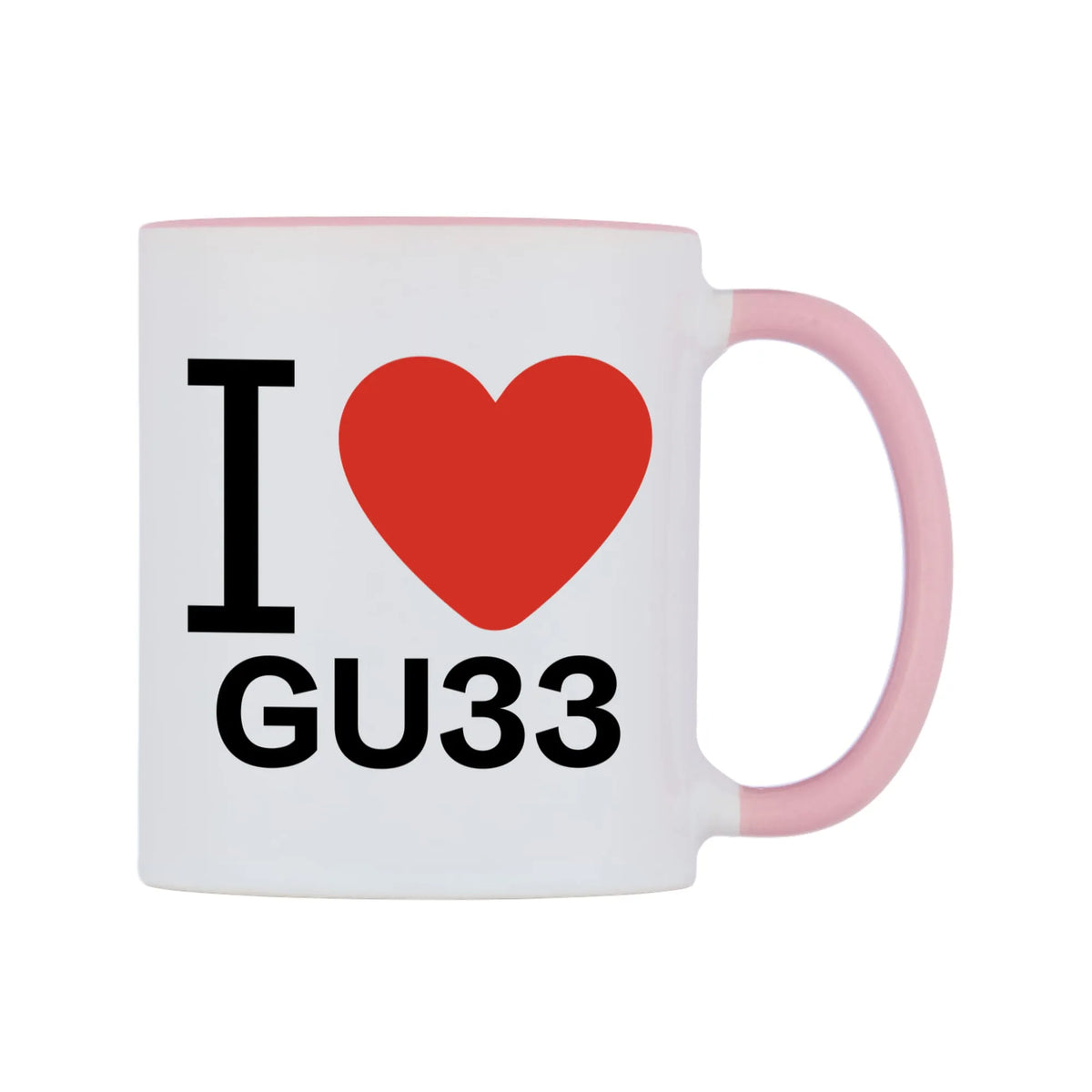 I Love GU33 Mug — white 11oz gloss mug with a pink inside and handle, left side, on a white background
