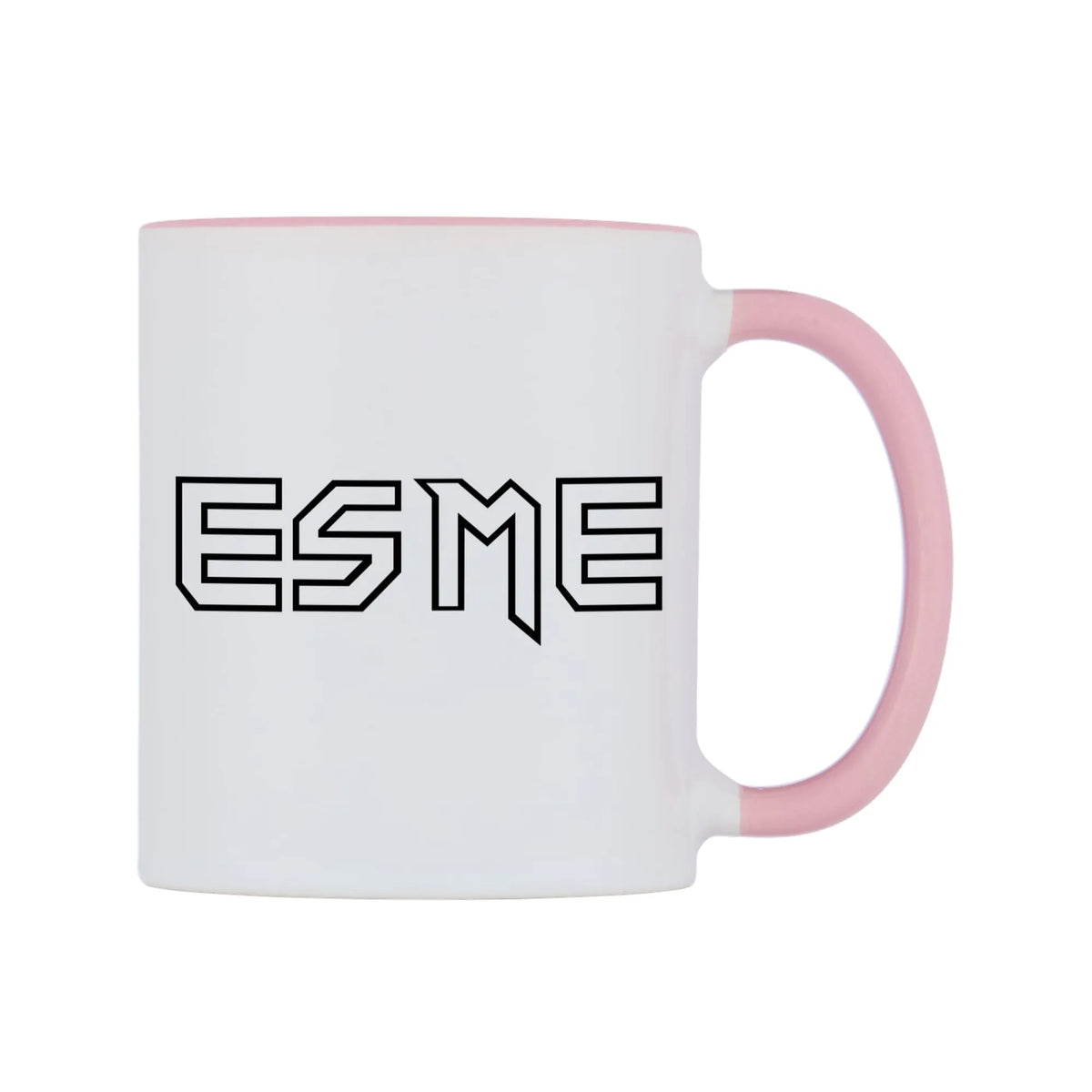 Esme - Iron Maiden Themed Mug — white 11oz gloss mug with a pink inside and handle, left side, on a white background