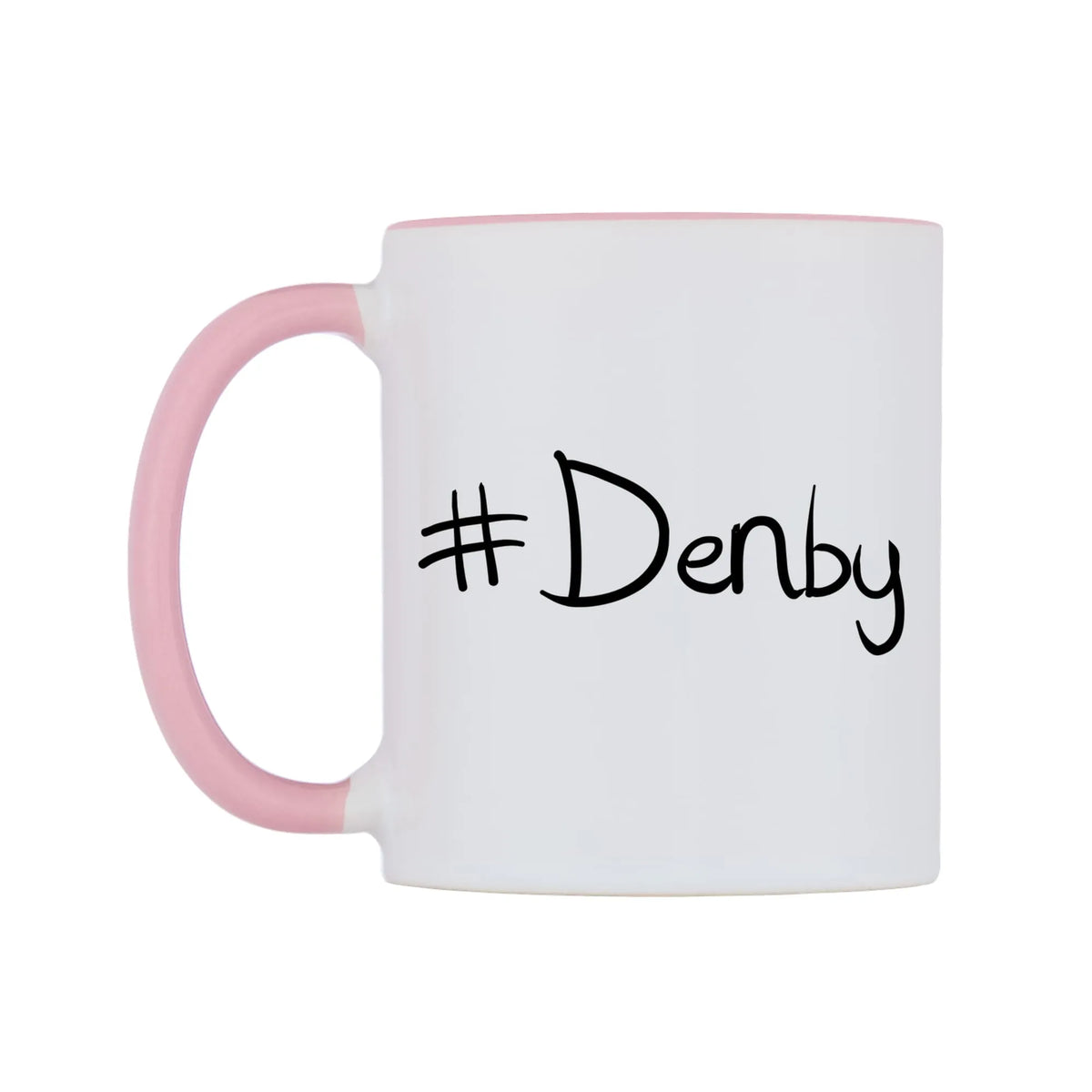 Denby Mug — white 11oz gloss mug with a pink inside and handle, right side, on a white background