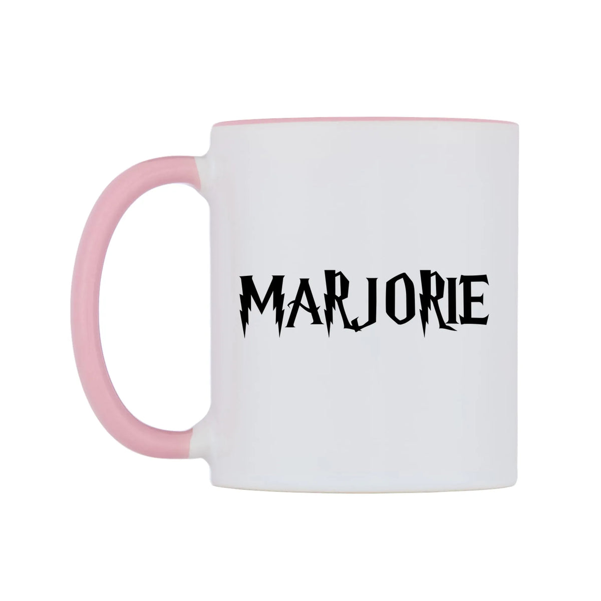 Marjorie - Wizard Themed Mug — white 11oz gloss mug with a pink inside and handle, right side, on a white background