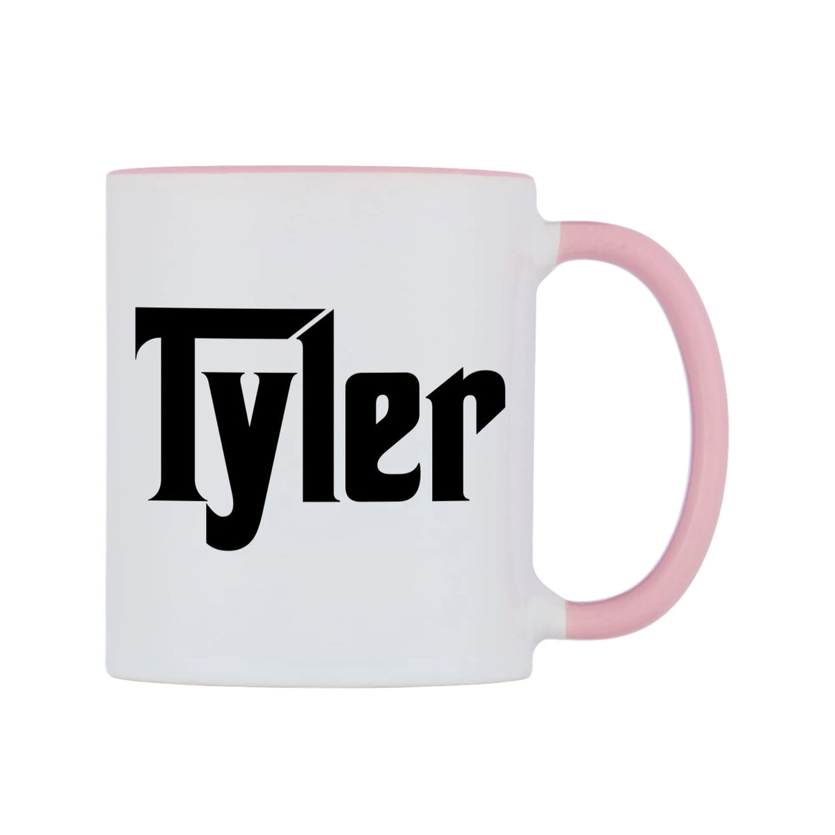Tyler - Godfather Themed Mug — white 11oz gloss mug with a pink inside and handle, left side, on a white background