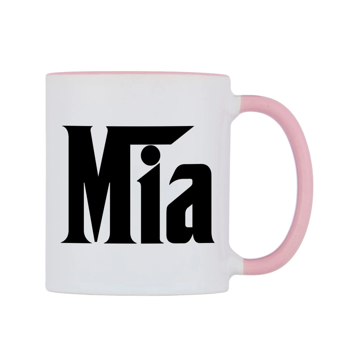 Mia - Godfather Themed Mug — white 11oz gloss mug with a pink inside and handle, left side, on a white background