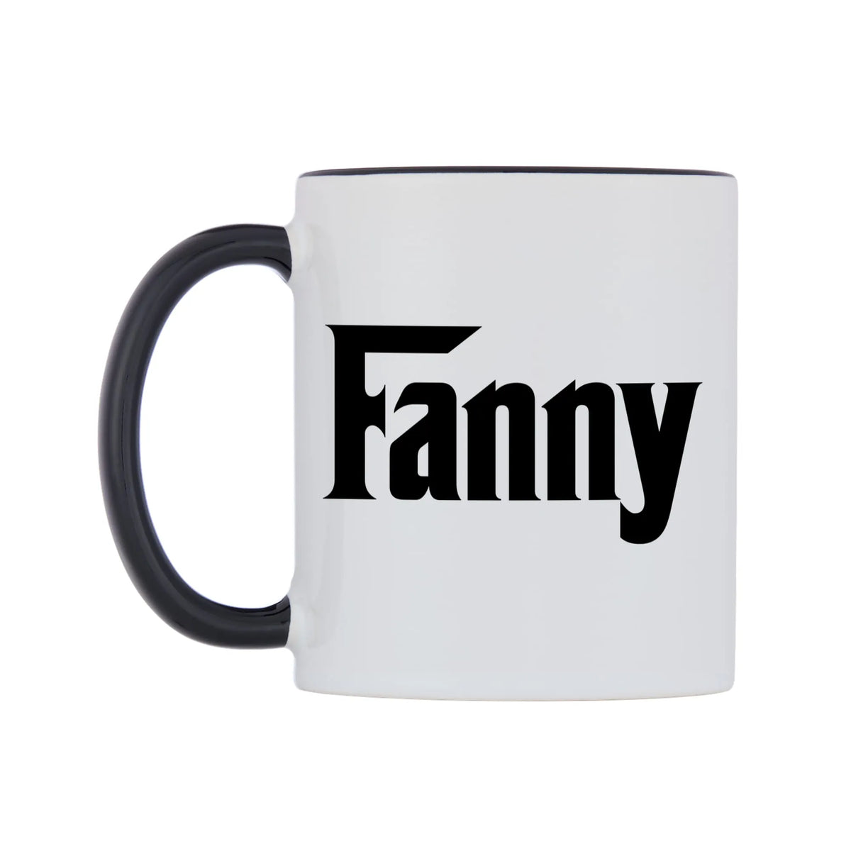 Fanny - Godfather Themed Mug — white 11oz gloss mug with a black inside and handle, right side, on a white background