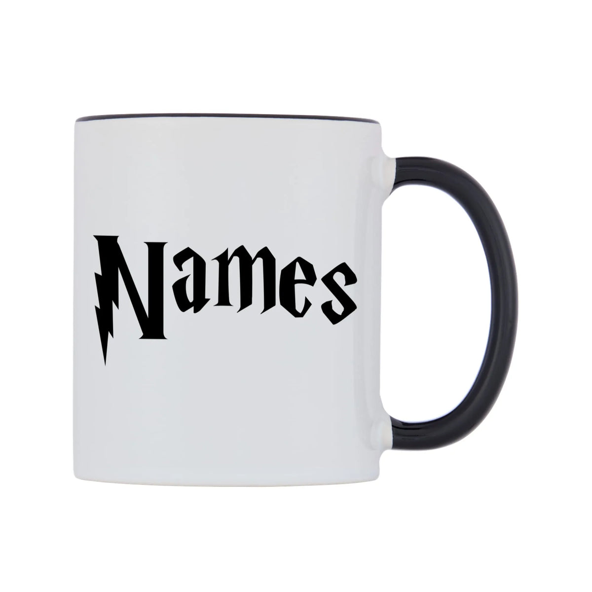 Personlised Wizard Themed Font Name Mug — white 11oz gloss mug with a black inside and handle, left side, on a white background