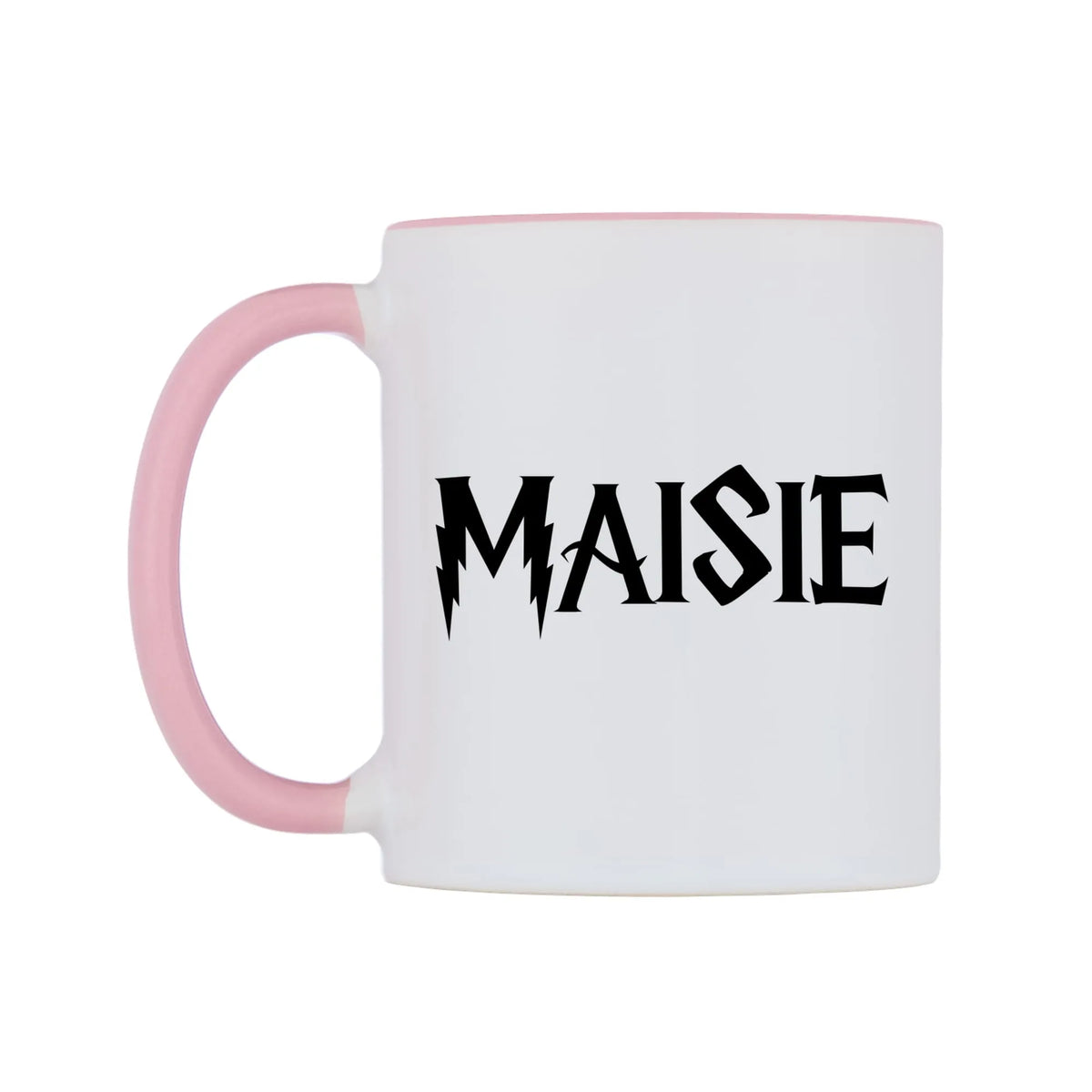 Maisie - Wizard Themed Mug — white 11oz gloss mug with a pink inside and handle, right side, on a white background