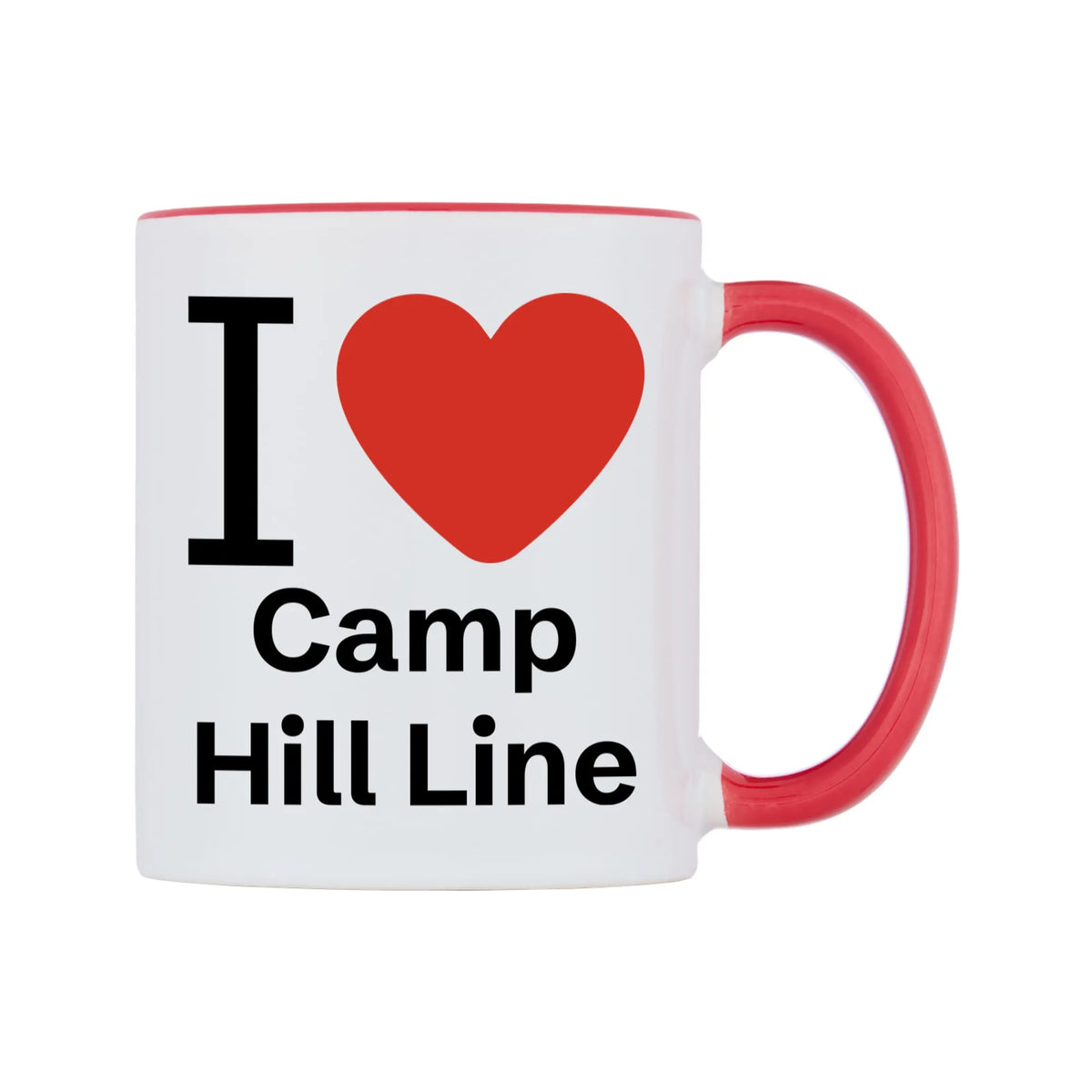 I Love Camp Hill Line Mug — white 11oz gloss mug with a red inside and handle, left side, on a white background