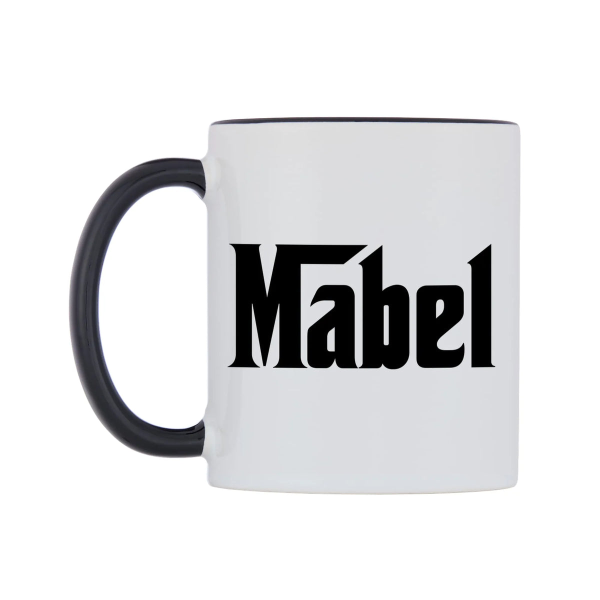 Mabel - Godfather Themed Mug — white 11oz gloss mug with a black inside and handle, right side, on a white background