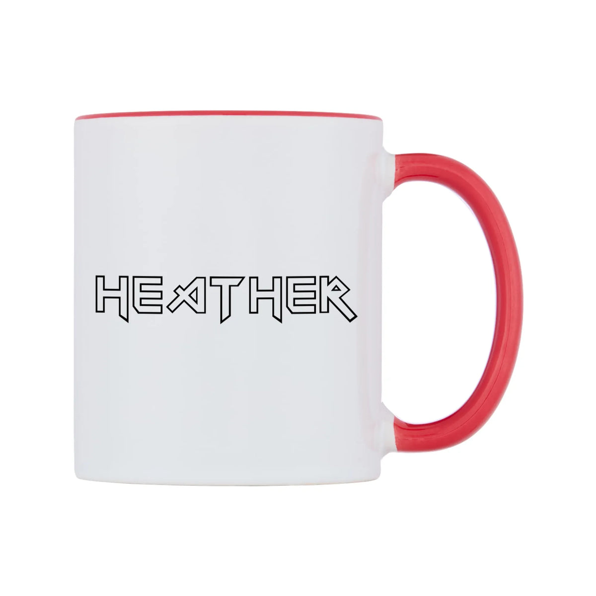 Heather - Iron Maiden Themed Mug — white 11oz gloss mug with a red inside and handle, left side, on a white background