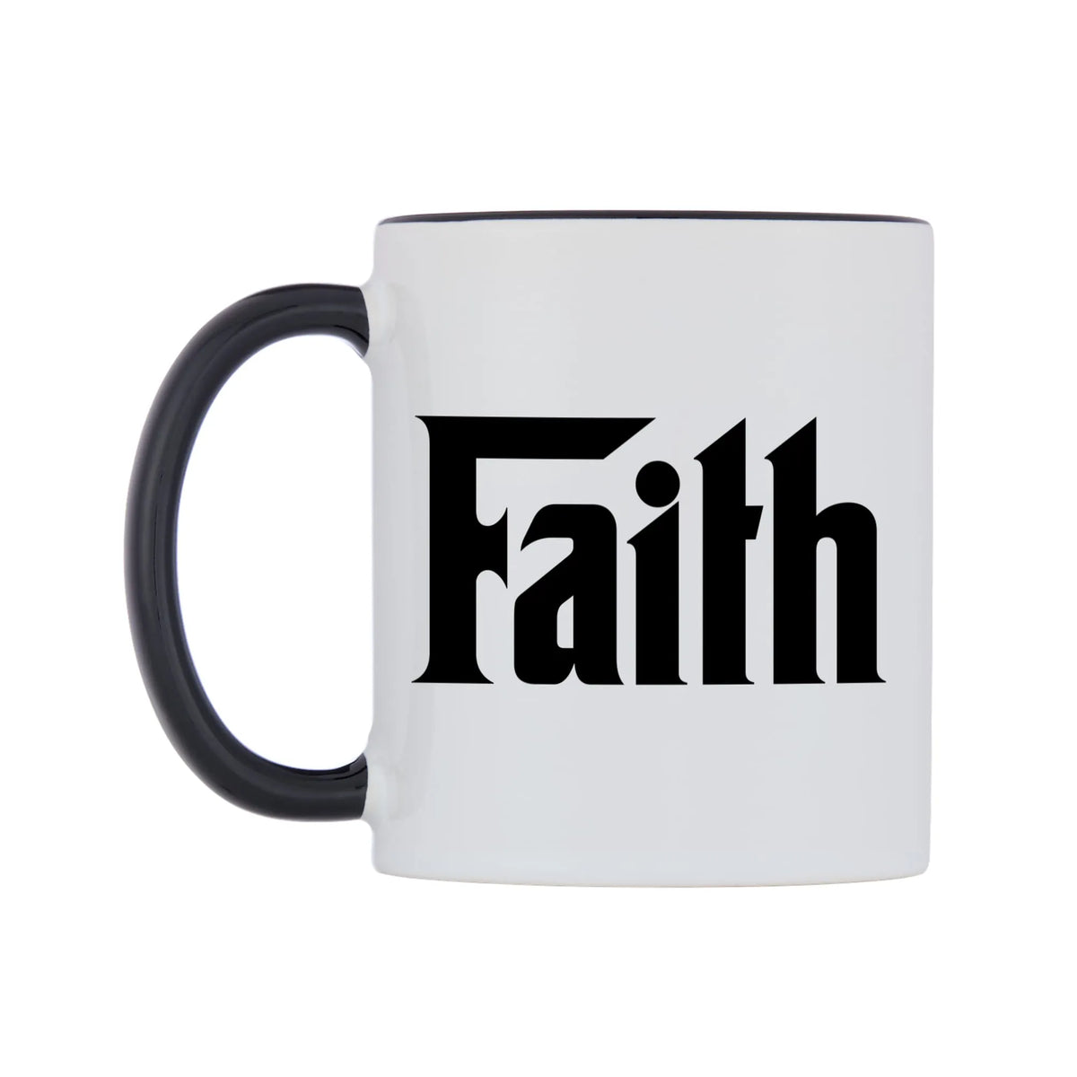 Faith - Godfather Themed Mug — white 11oz gloss mug with a black inside and handle, right side, on a white background