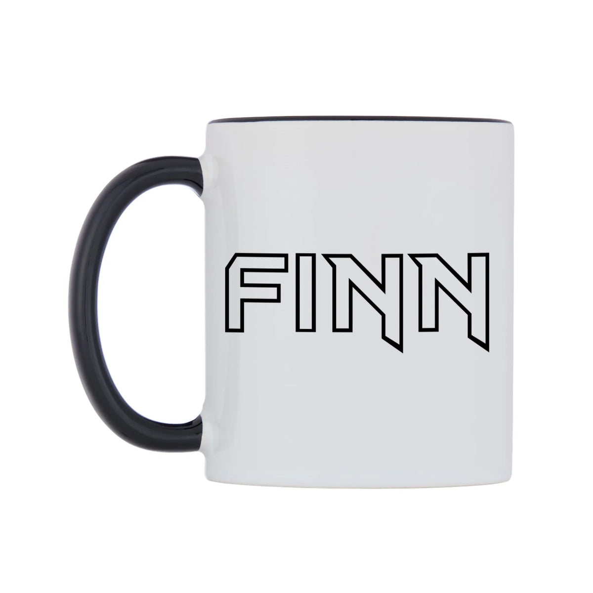 Finn - Iron Maiden Themed Mug — white 11oz gloss mug with a black inside and handle, right side, on a white background