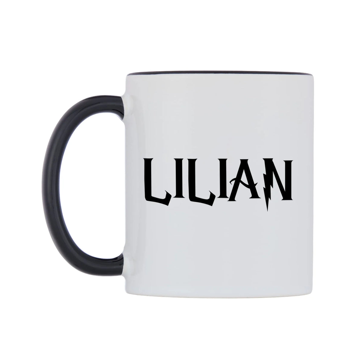 Lilian - Wizard Themed Mug — white 11oz gloss mug with a black inside and handle, right side, on a white background