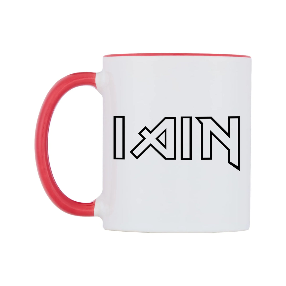 Iain - Iron Maiden Themed Mug — white 11oz gloss mug with a red inside and handle, right side, on a white background